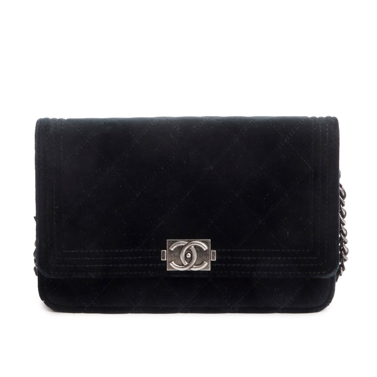 Chanel Black Quilted Velvet Boy Wallet on Chain w/ Box & Authenticity Card