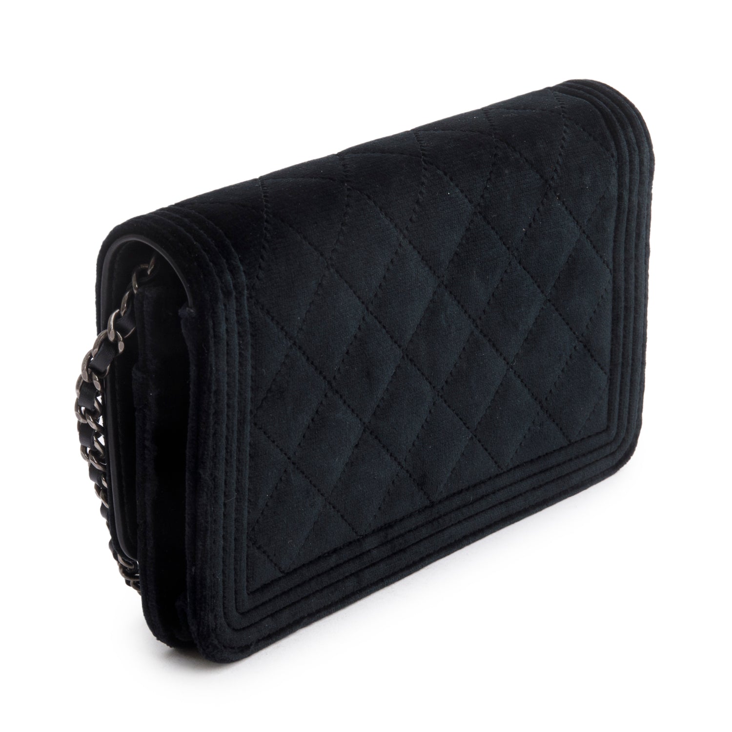 Chanel Black Quilted Velvet Boy Wallet on Chain w/ Box & Authenticity Card