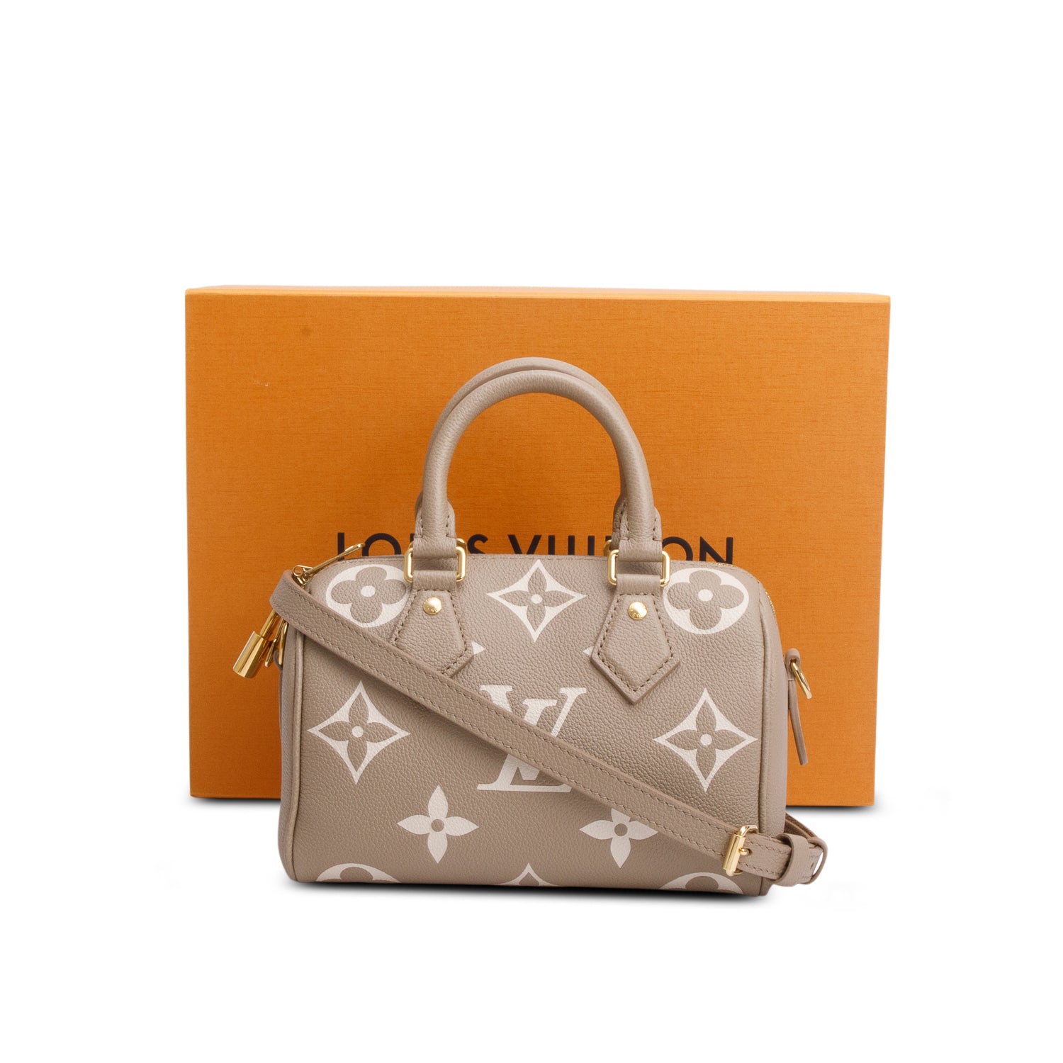 Louis Vuitton 2025 Taupe Empreinte Monogram Giant Speedy Bandouliere 20 w/ Box, Strap & Receipt