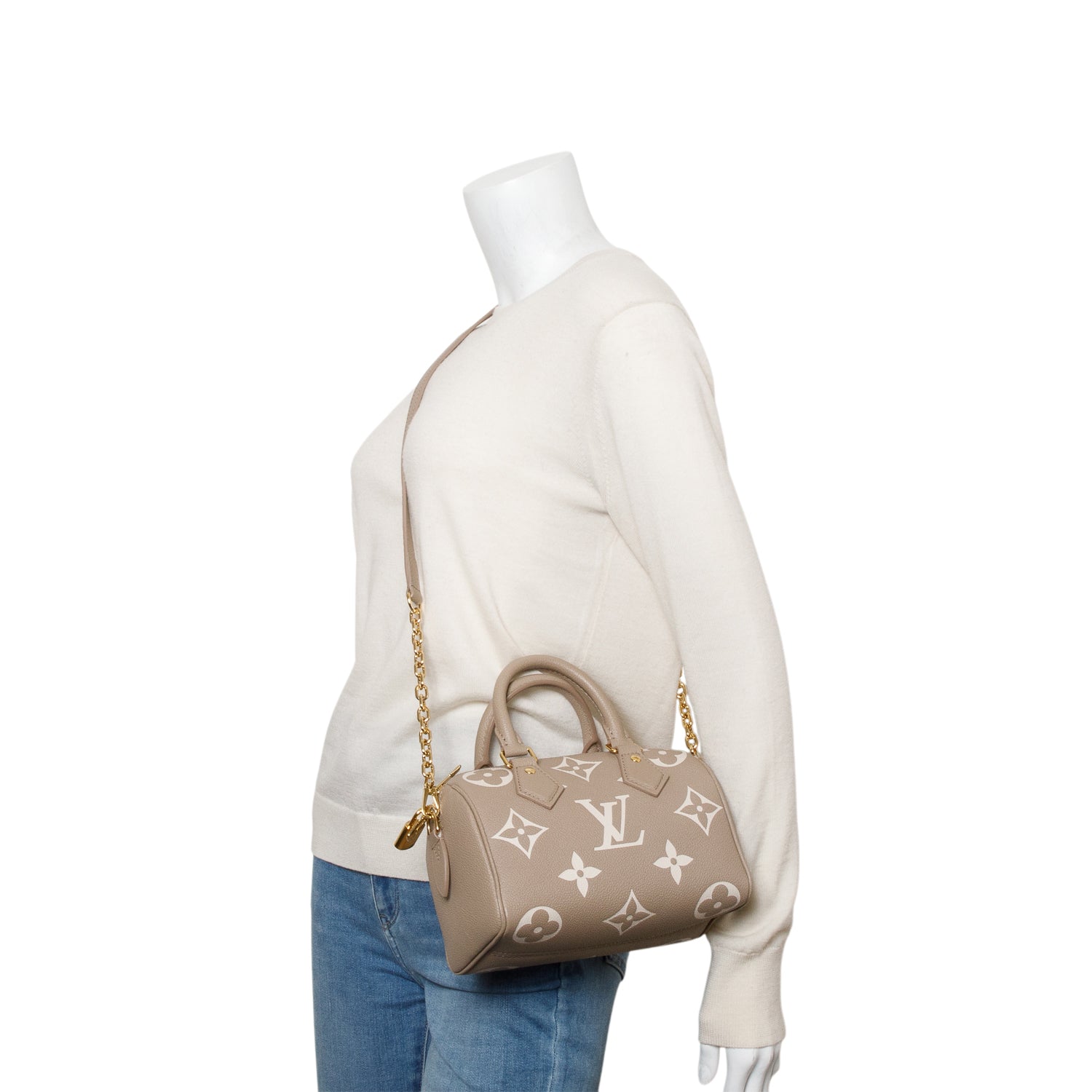 Louis Vuitton 2025 Taupe Empreinte Monogram Giant Speedy Bandouliere 20 w/ Box, Strap & Receipt