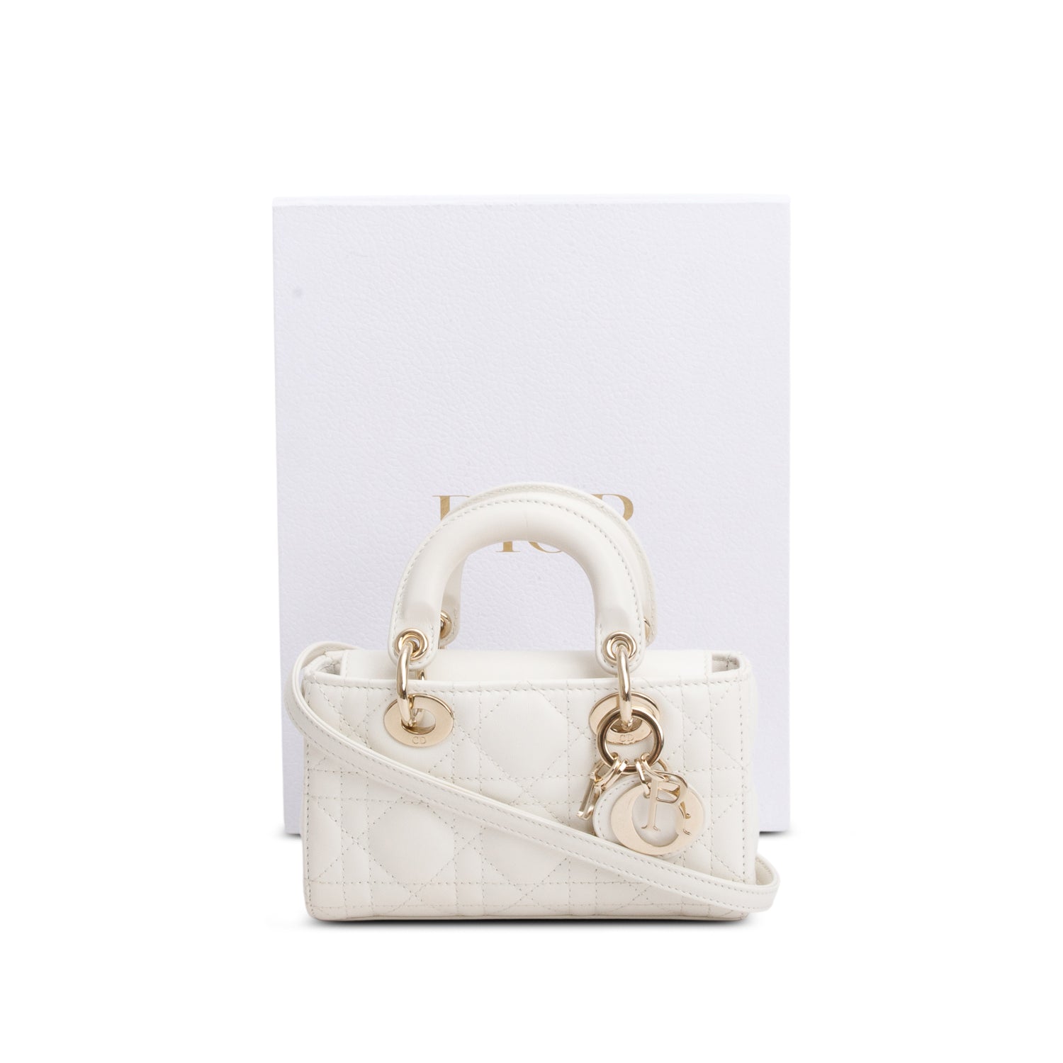 Christian Dior 2024 White Lambskin Cannage Micro Lady D-Joy w/ Box & Straps