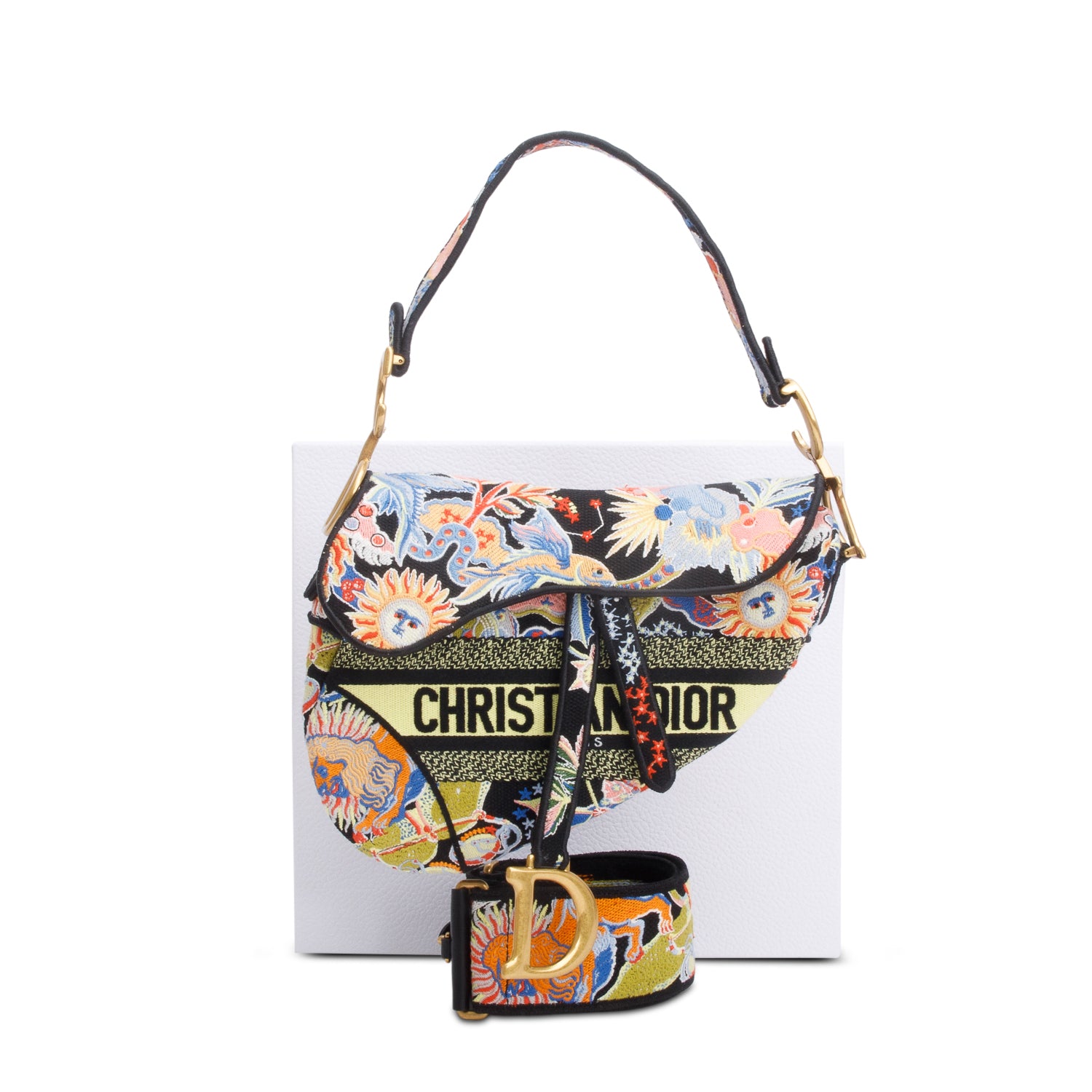 Christian Dior Multicolor Canvas Embroidered Zodiac Fantastico Saddle Bag w/ Box, Strap & Receipt