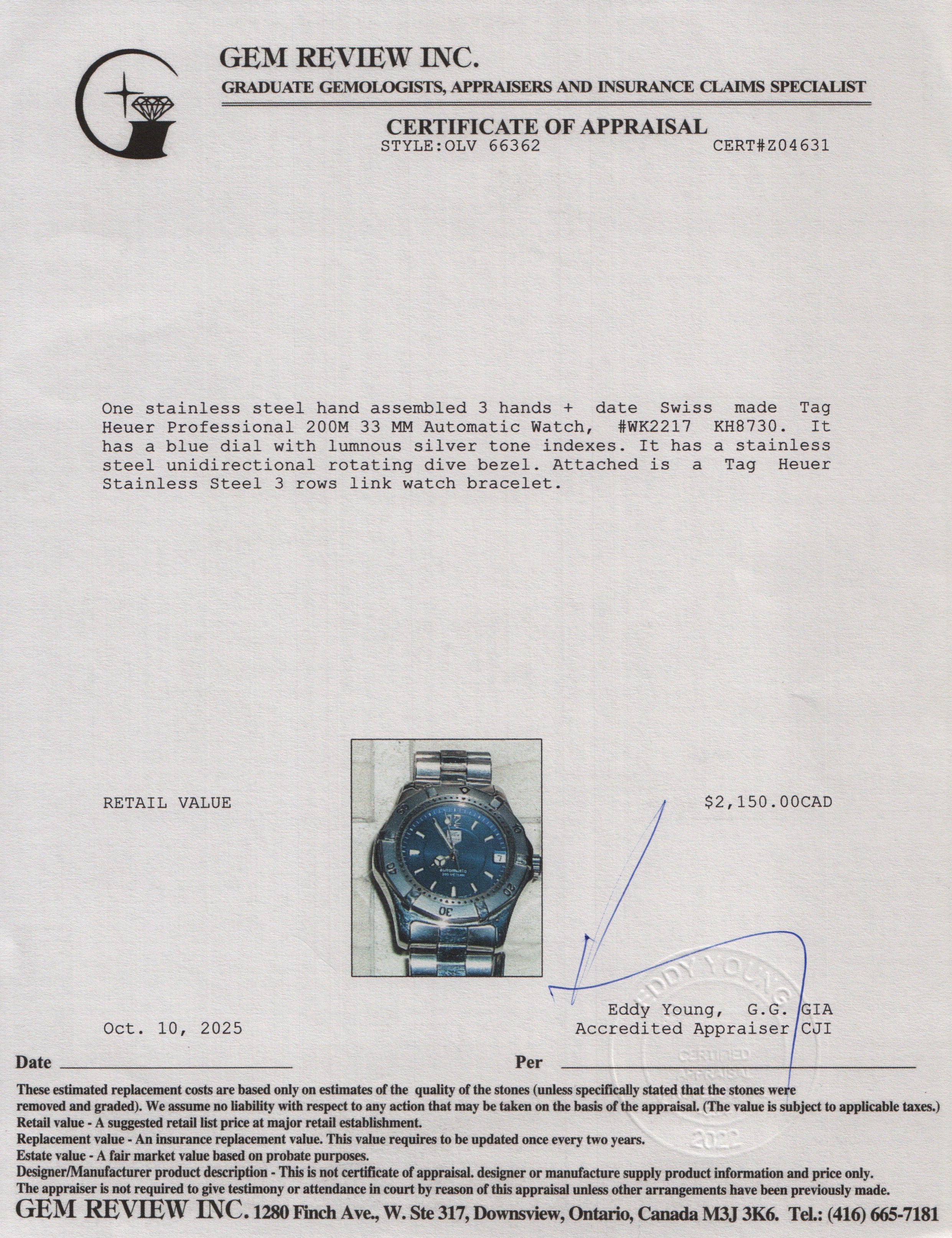 Tag Heuer Stainless Steel Professional 200M 33 MM Automatic Watch Blue Dial WK2217