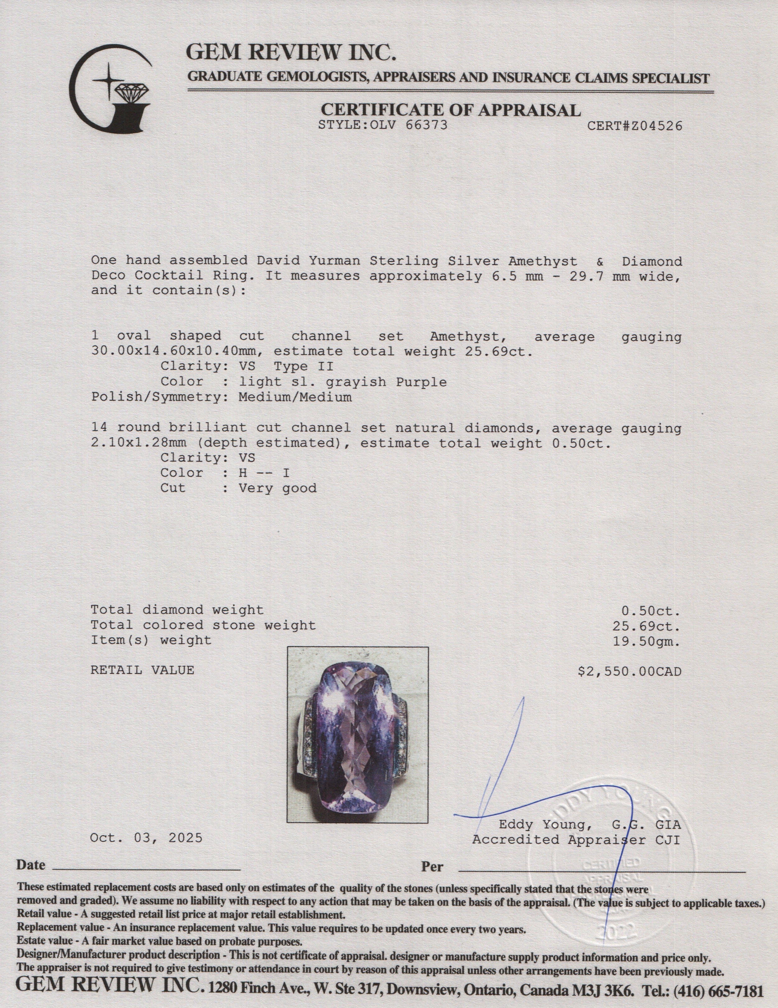 David Yurman Sterling Silver Amethyst & Diamond Deco Cocktail Ring, Size 6