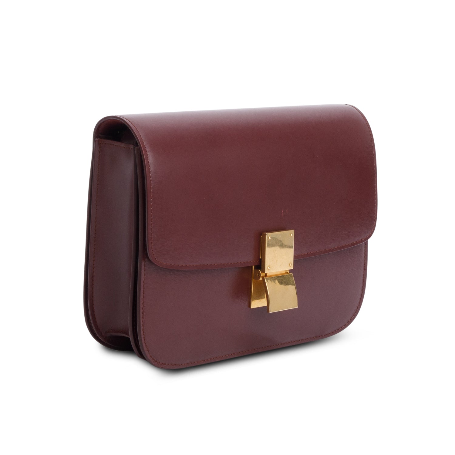 Celine Burgundy Calfskin Medium Classic Box Flap Bag w/ Strap