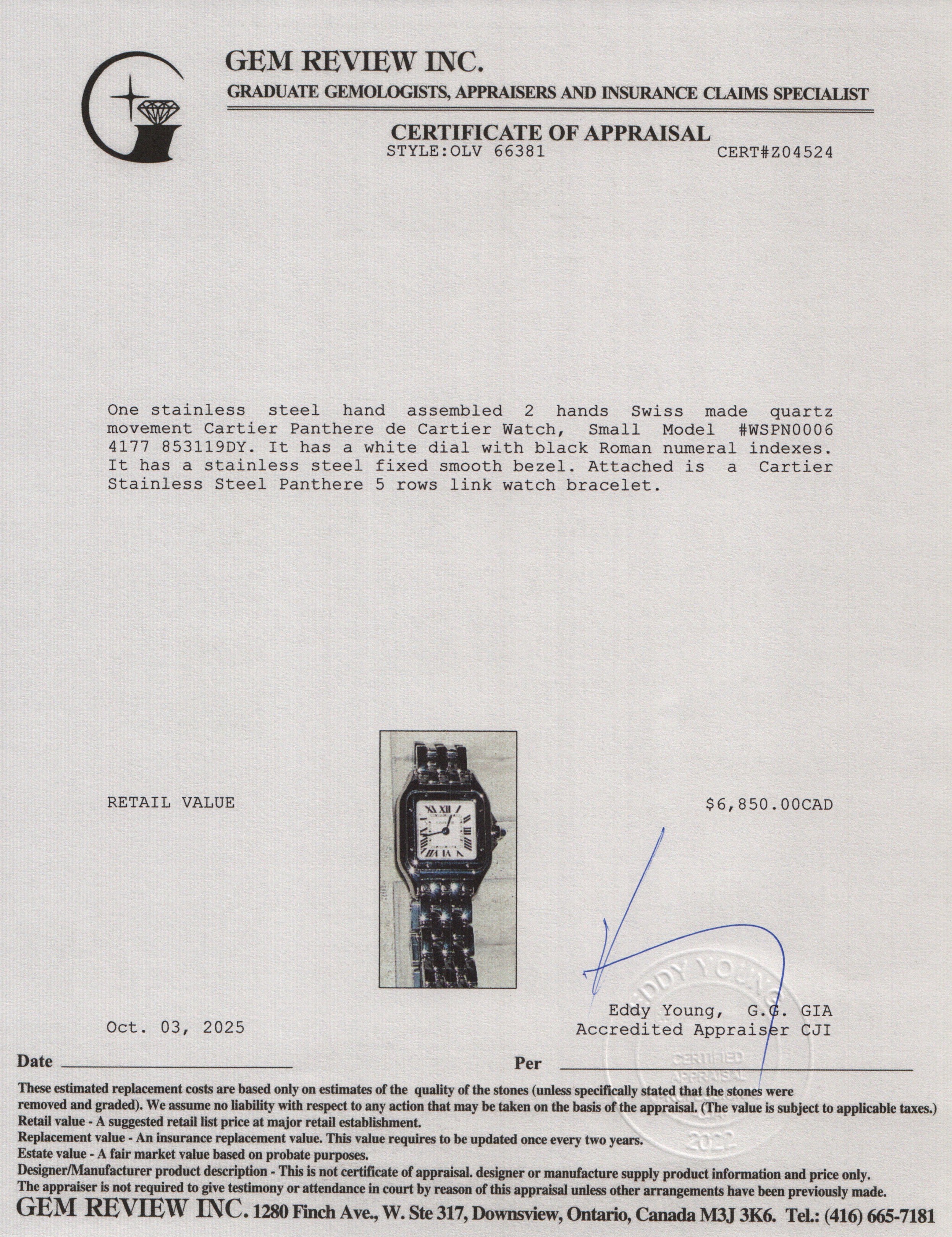 Cartier 2024 Stainless Steel Panthere de Cartier Watch, Small Model 4177 w/ Box & Papers