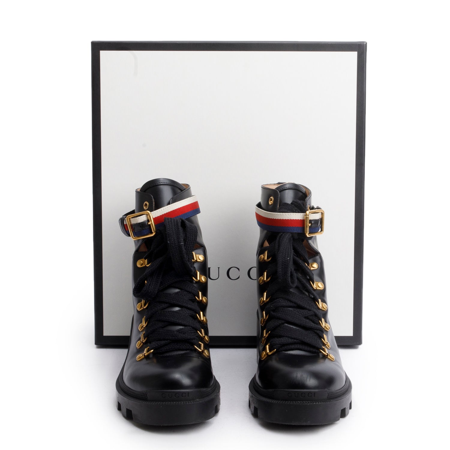 Gucci Black Calfskin Leather Web Slyvie Lace Up Combat Boots, Size 40 w/ Box
