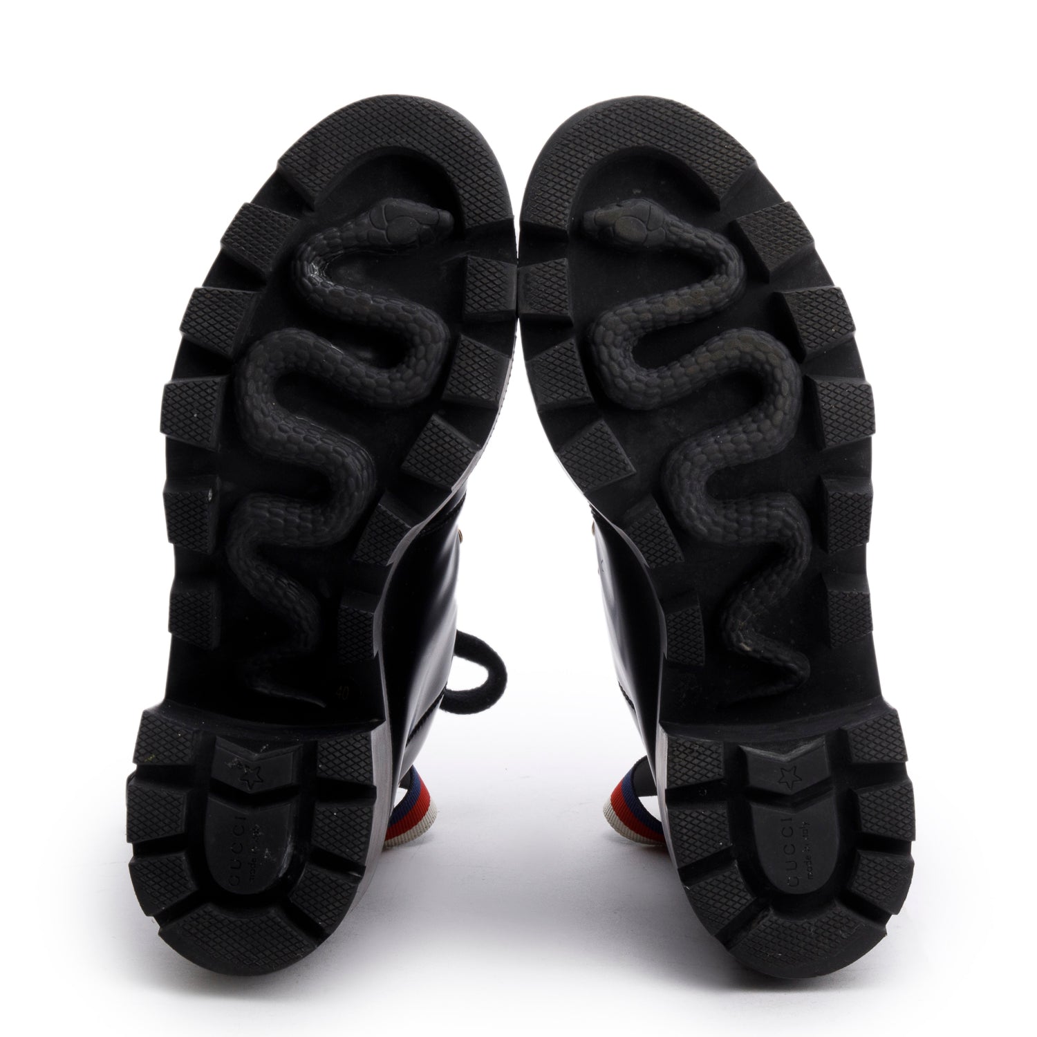 Gucci Black Calfskin Leather Web Slyvie Lace Up Combat Boots, Size 40 w/ Box