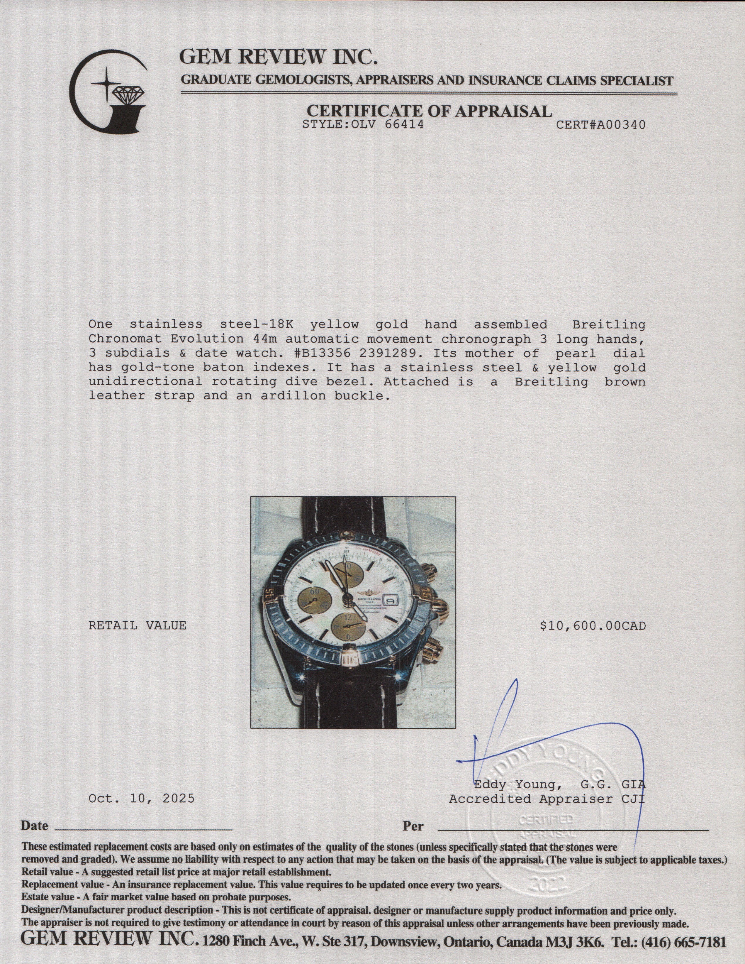 Breitling Stainless Steel & 18k Yellow Gold Chronomat Evolution 44 MM Automatic Chronograph Watch B13356