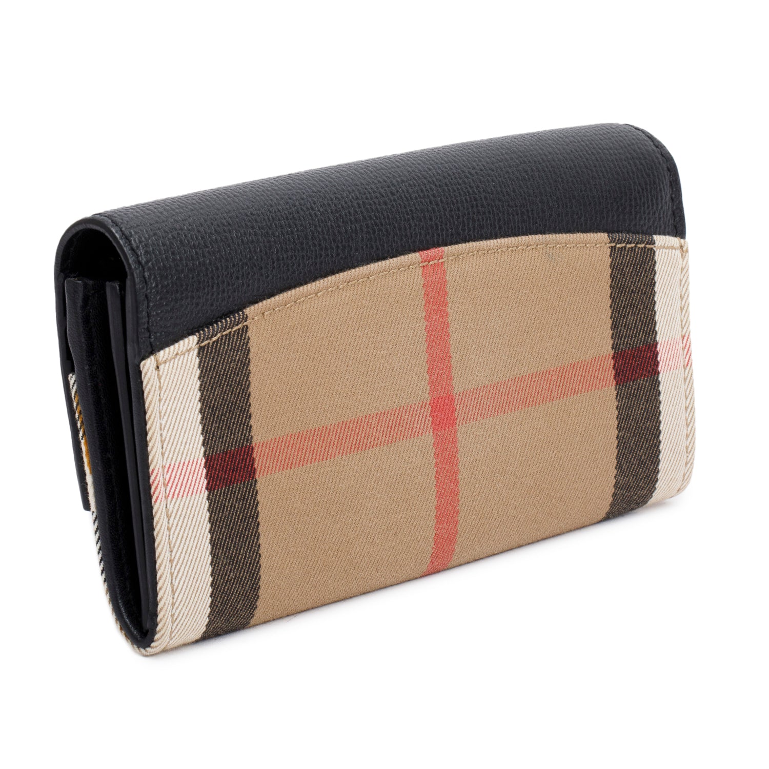 Burberry Check Canvas Black  Leather Trim Porter Continental Flap Wallet