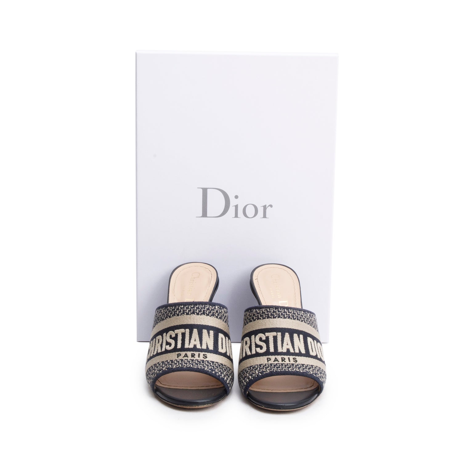 Christian Dior Deep Blue Embroidered Cotton Heeled Dway Slide, Size 35 w/ Box & Authenticity Card