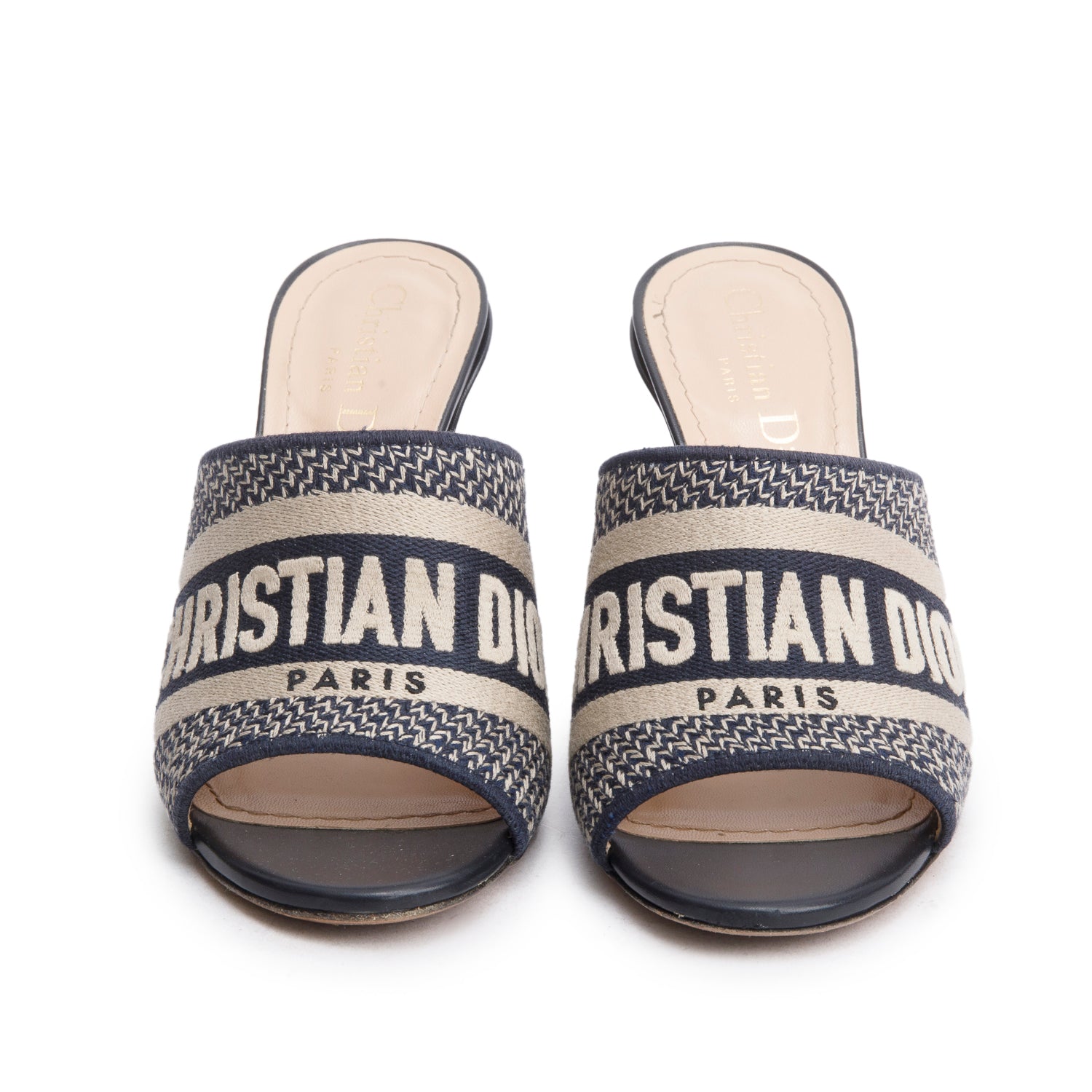 Christian Dior Deep Blue Embroidered Cotton Heeled Dway Slide, Size 35 w/ Box & Authenticity Card
