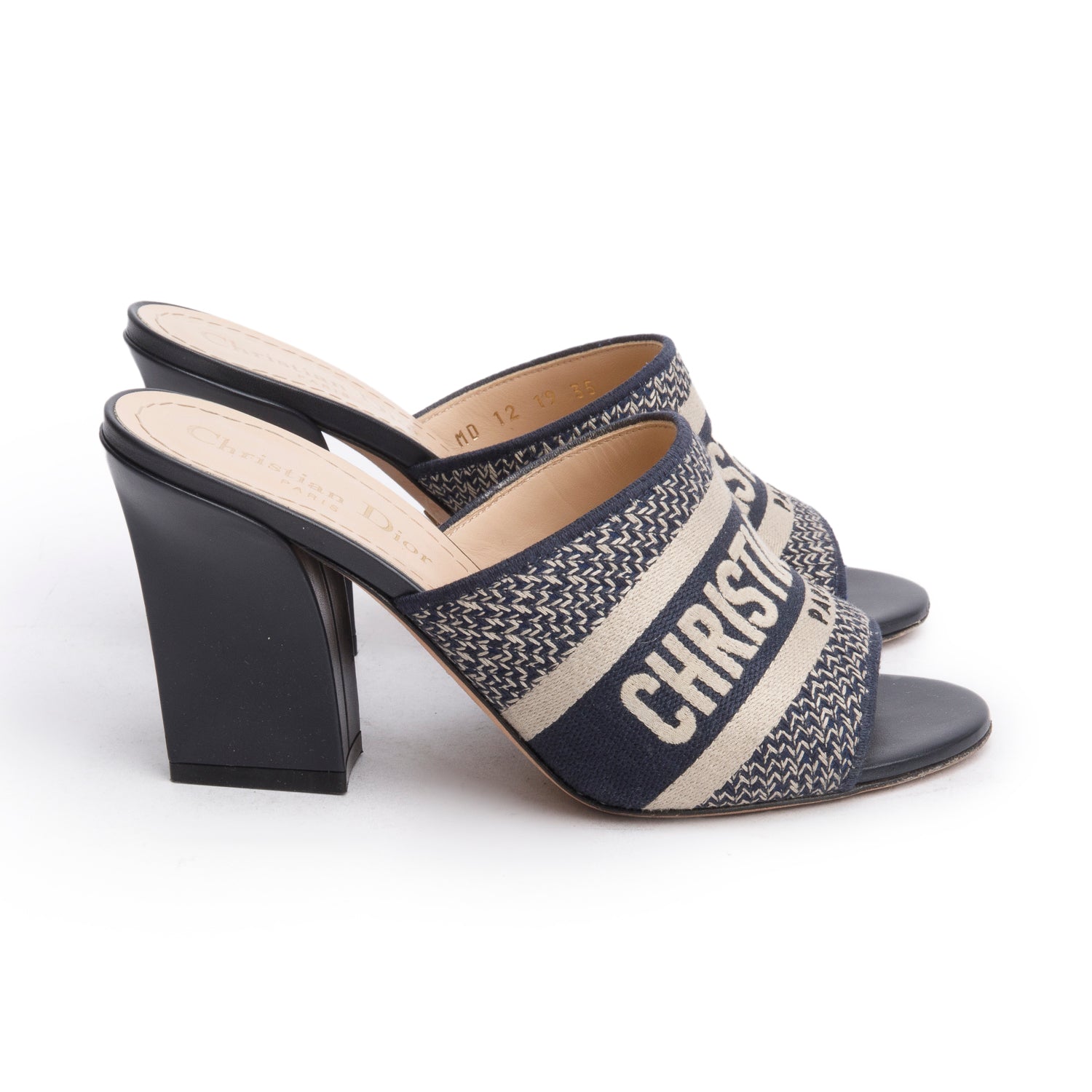 Christian Dior Deep Blue Embroidered Cotton Heeled Dway Slide, Size 35 w/ Box & Authenticity Card