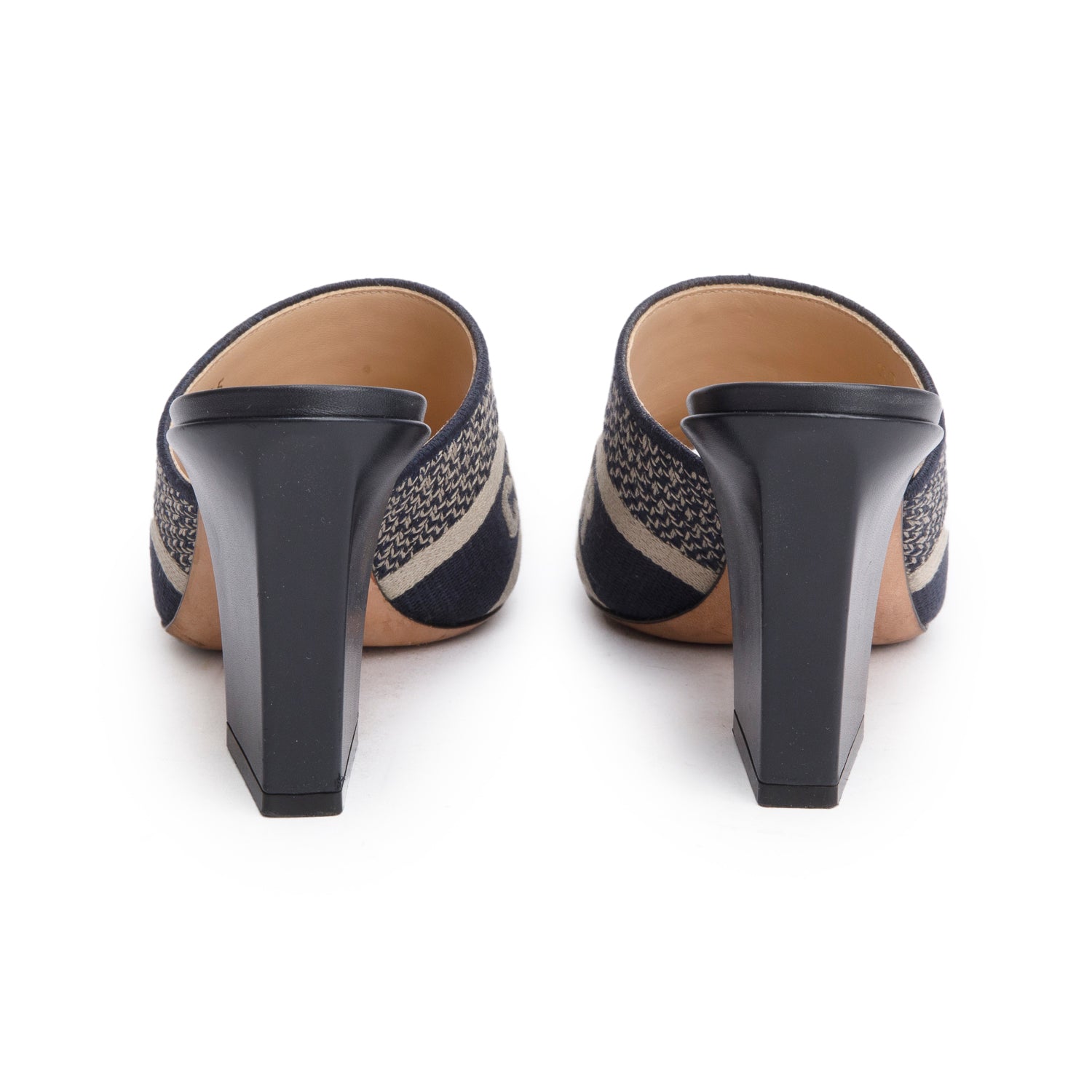 Christian Dior Deep Blue Embroidered Cotton Heeled Dway Slide, Size 35 w/ Box & Authenticity Card