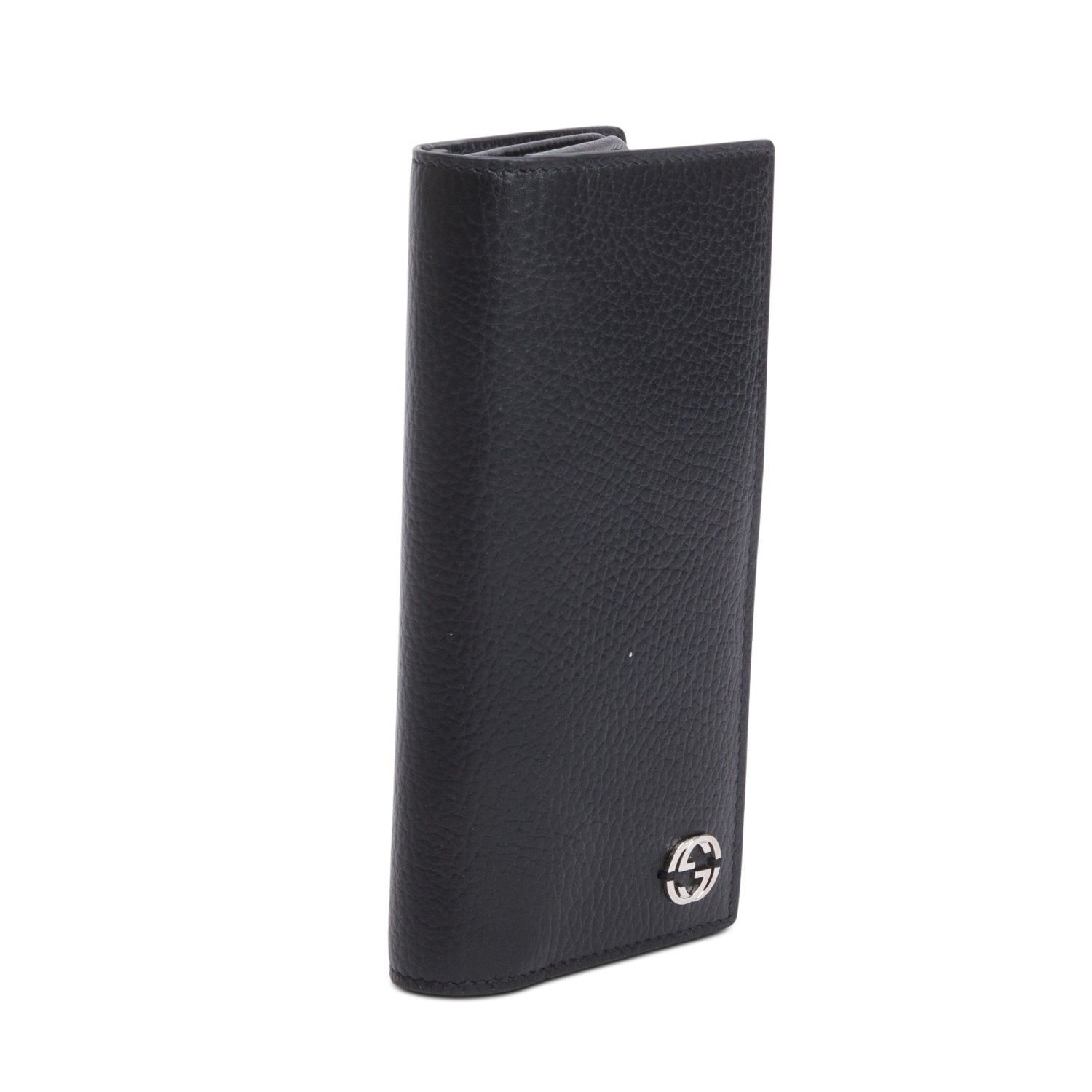 Gucci Black Grained Leather Interlocking GG Long Wallet W/ Box