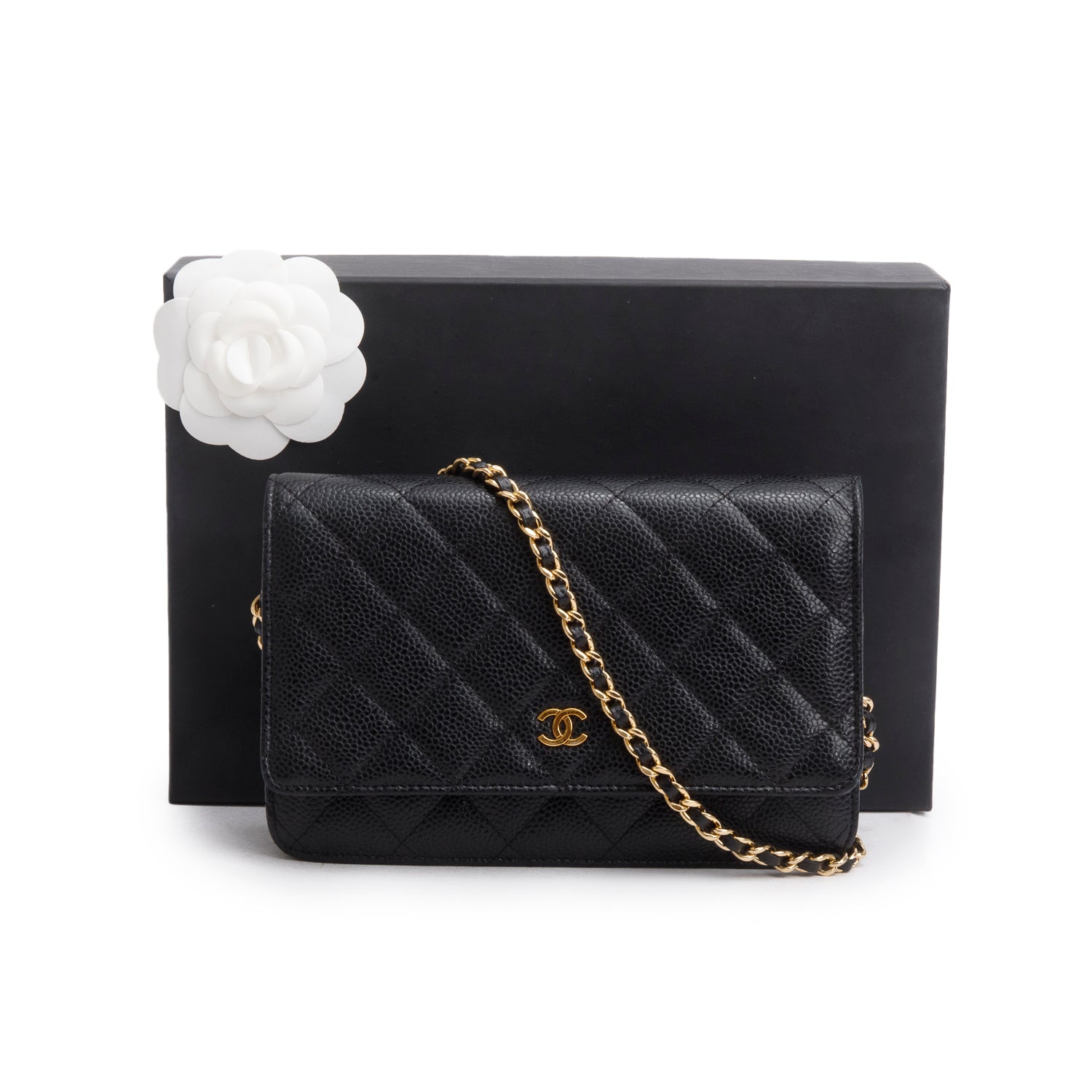Chanel Black Quilted Caviar Leather Classic Wallet on Chain w/ Box, Receipt & Athenticity Card