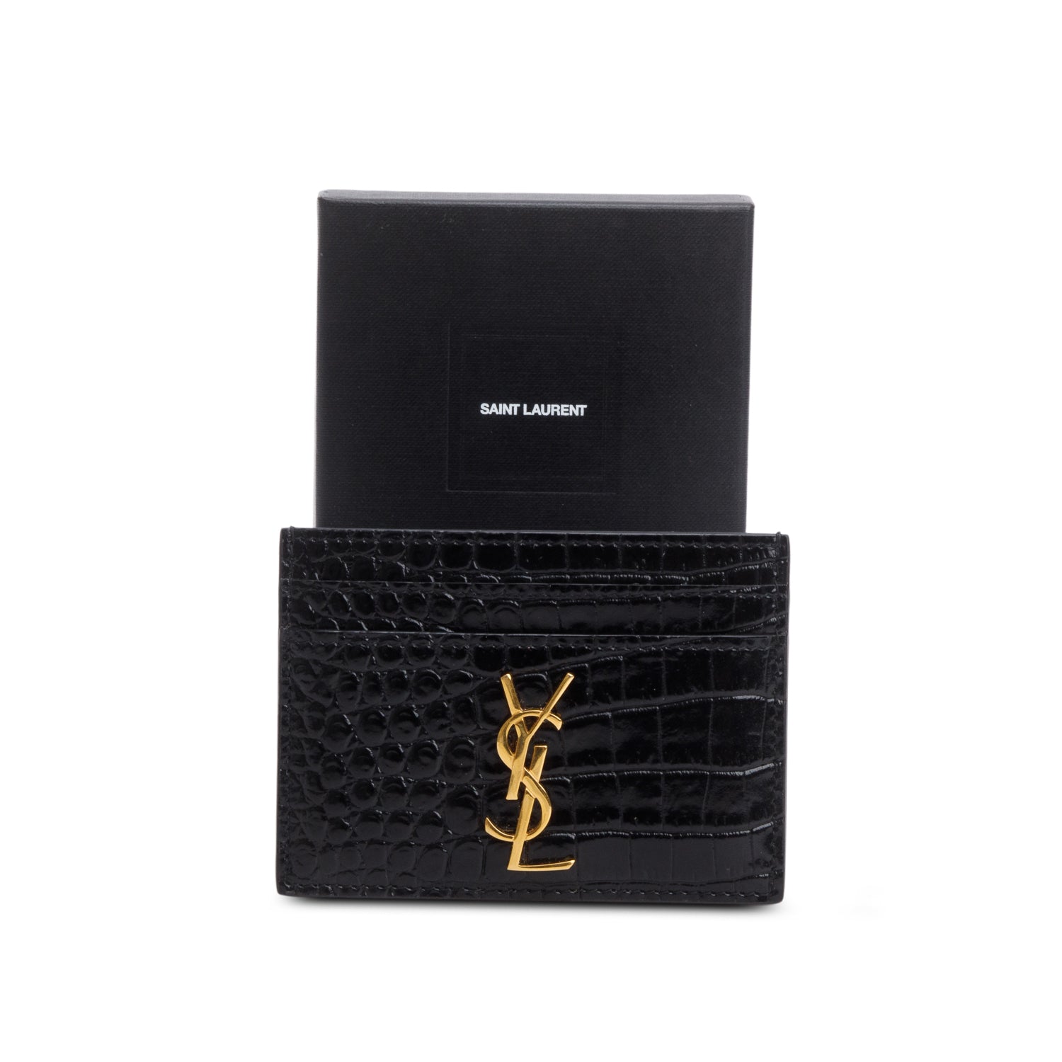 Saint Laurent Crocodile Embossed Leather Cassandre Card Holder w/ Box