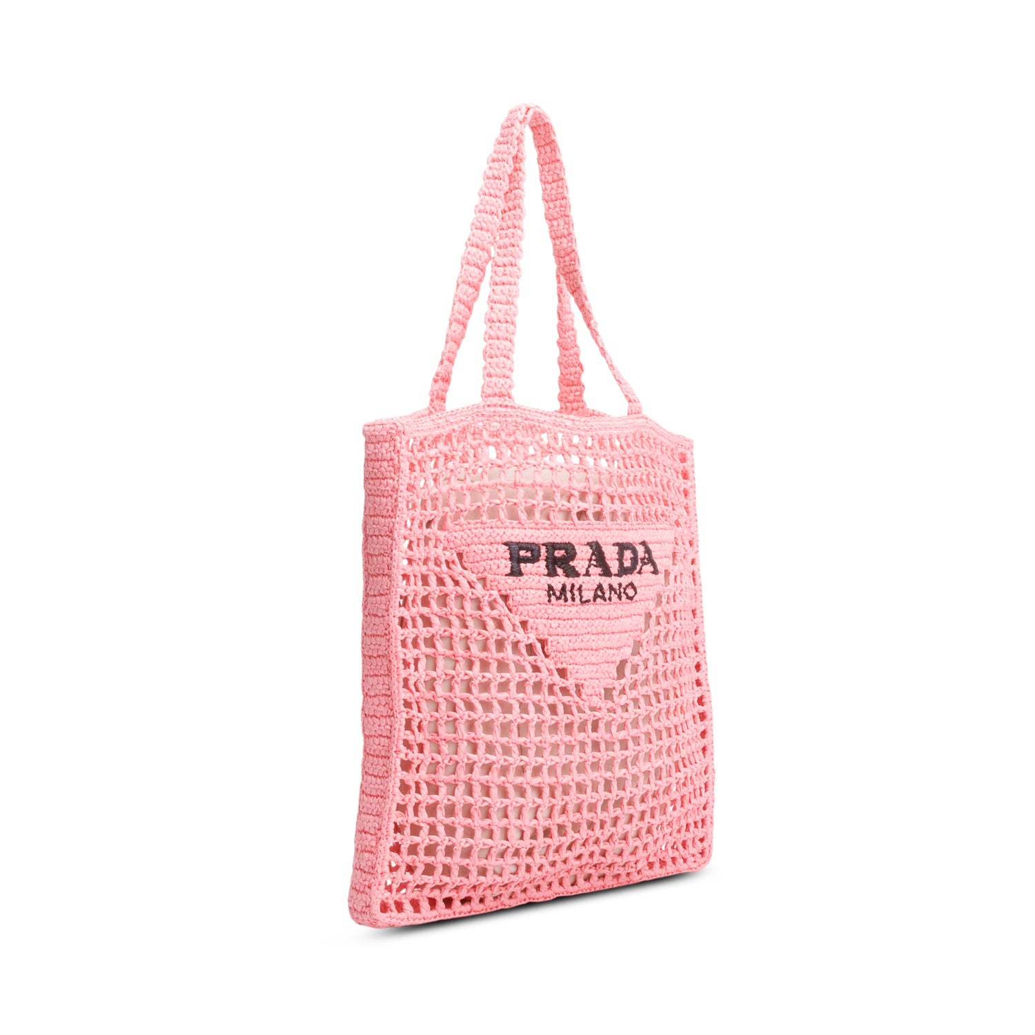 Prada Pink Raffia Crochet Logo Embroidered Tote Bag
