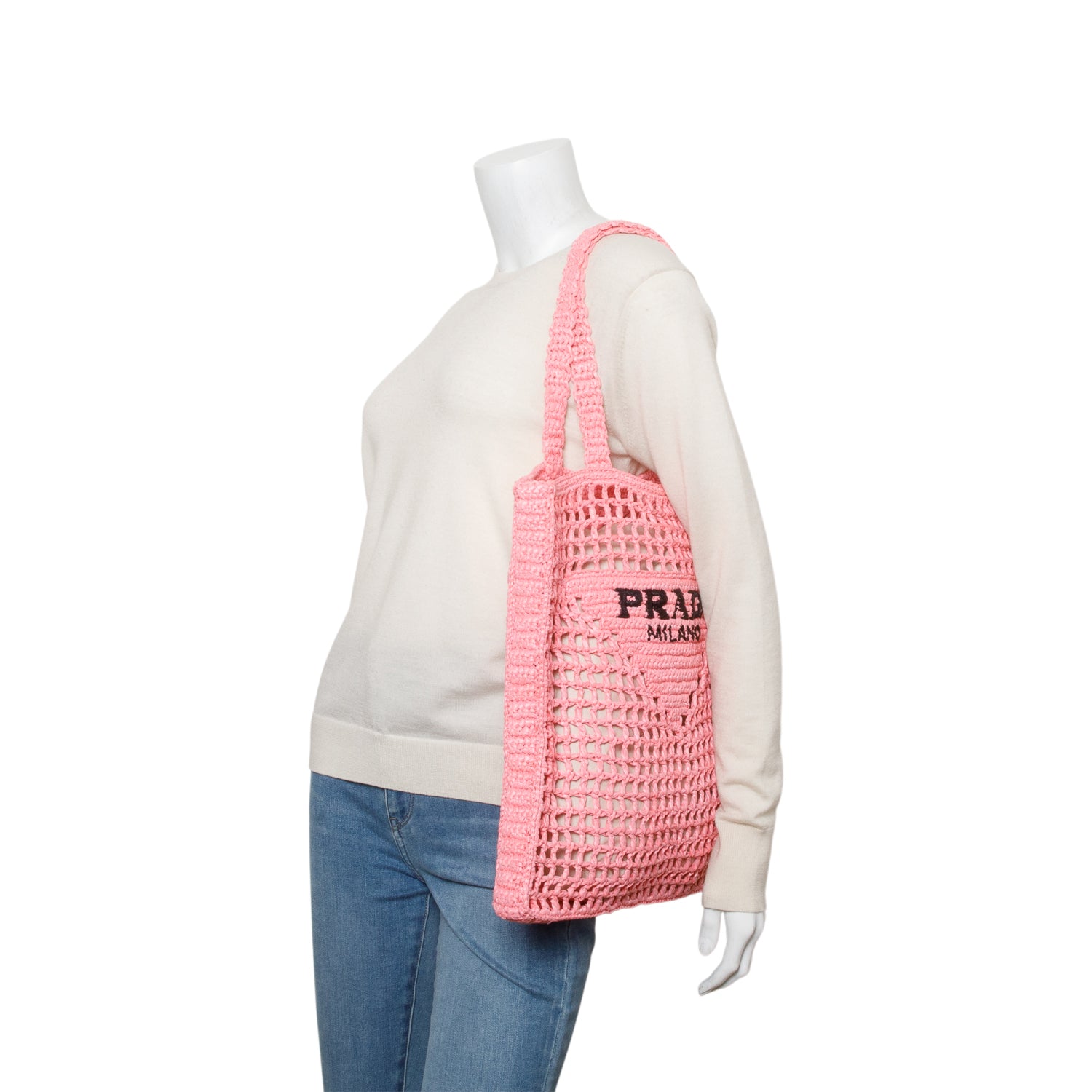 Prada Pink Raffia Crochet Logo Embroidered Tote Bag