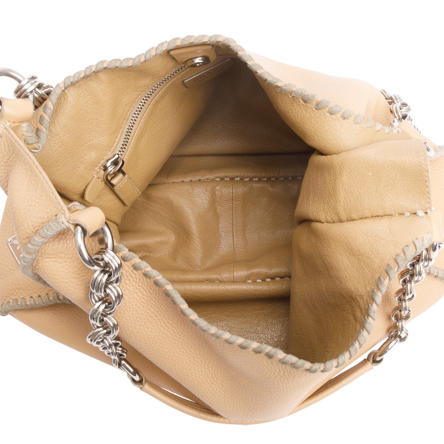 Prada Brown Vitello Daino Whipstitch Chain Hobo