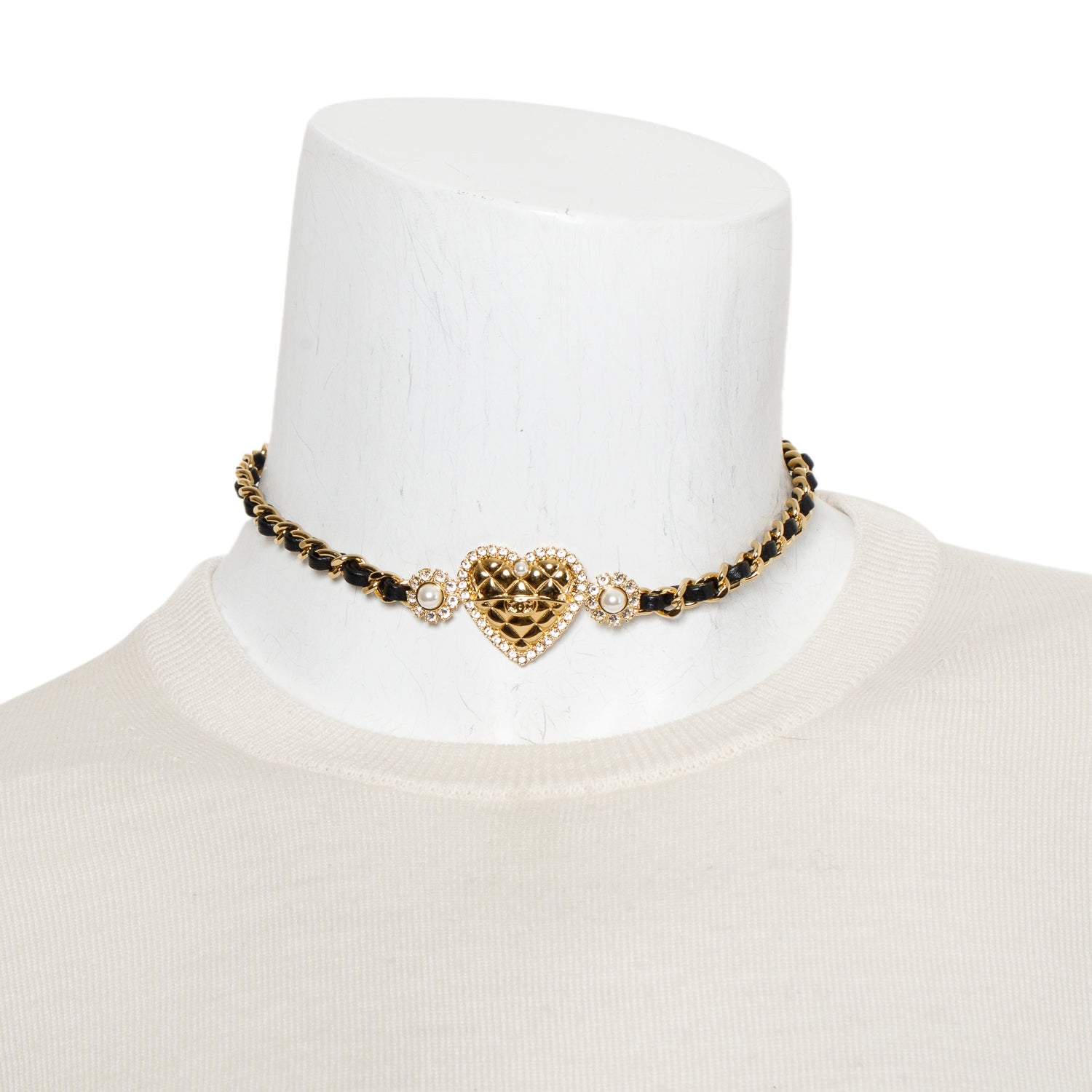 Chanel 2024 Gold Plated Leather Faux Pearl Strass CC Heart Choker Necklace w/ Box