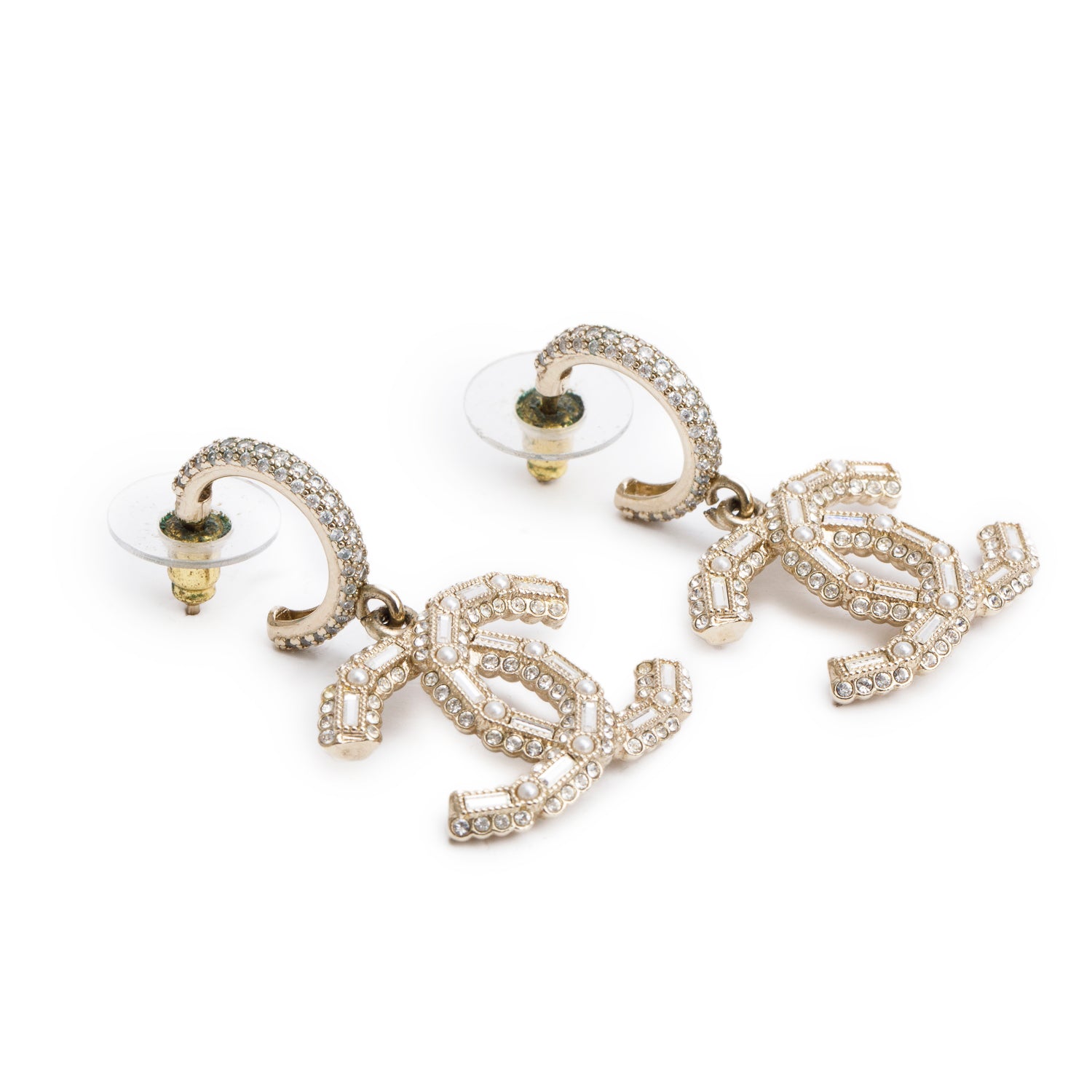 Chanel 2022 Gold Plated Strass CC Dangle Hoop Earrings w/ Box