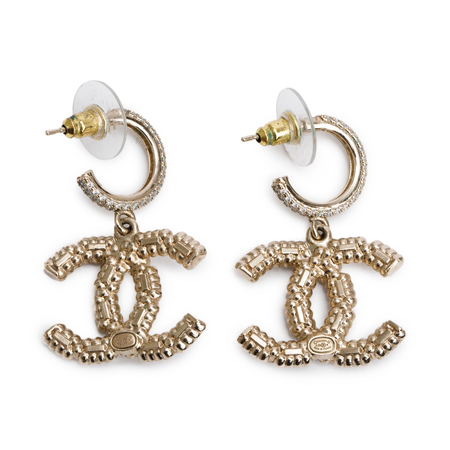Chanel 2022 Gold Plated Strass CC Dangle Hoop Earrings w/ Box