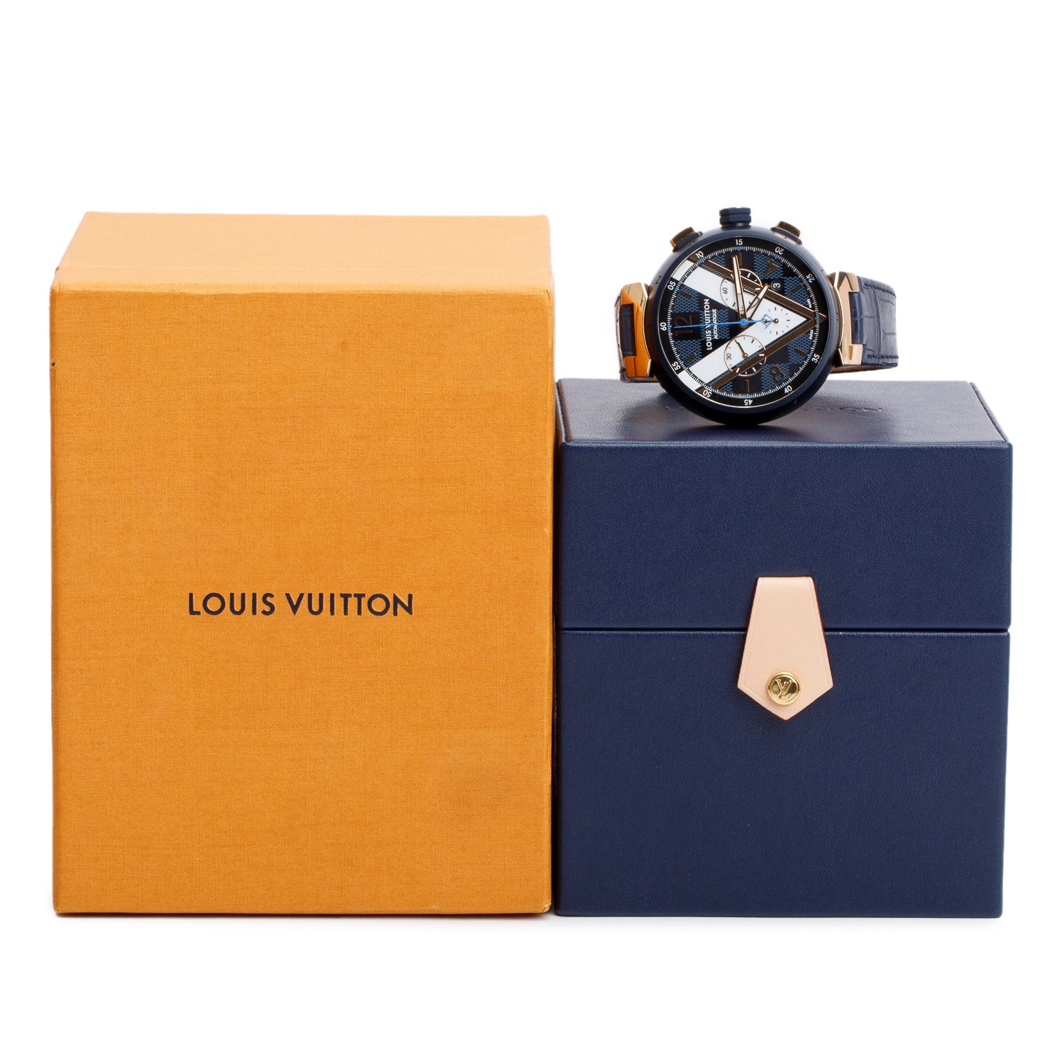 Louis Vuitton Rose Gold Plated Stainless Steel & Blue PVD Tambour 46 MM Automatic Chronograph Watch Damier Cobalt V Dial QA090 w/ Box