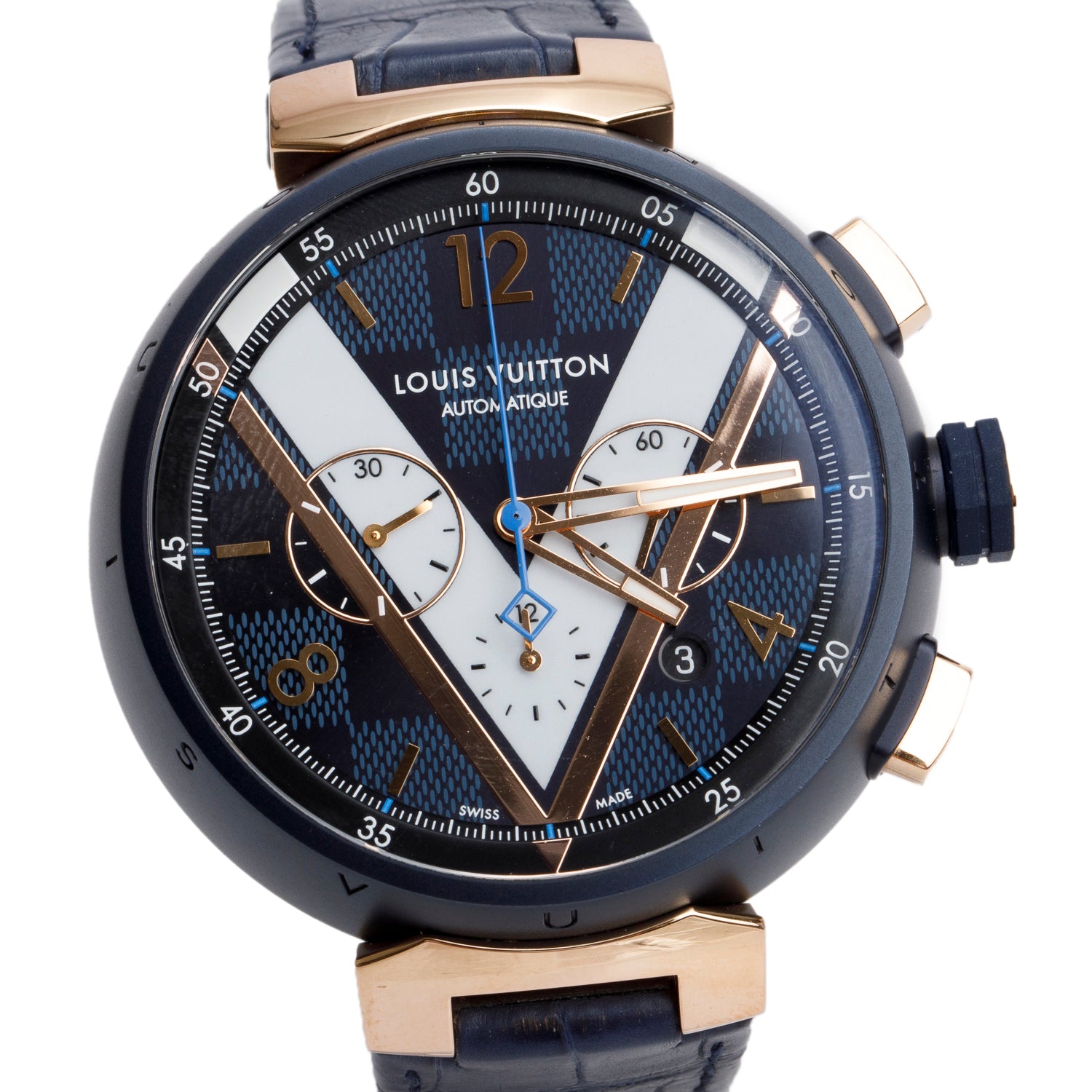 Louis Vuitton Rose Gold Plated Stainless Steel & Blue PVD Tambour 46 MM Automatic Chronograph Watch Damier Cobalt V Dial QA090 w/ Box