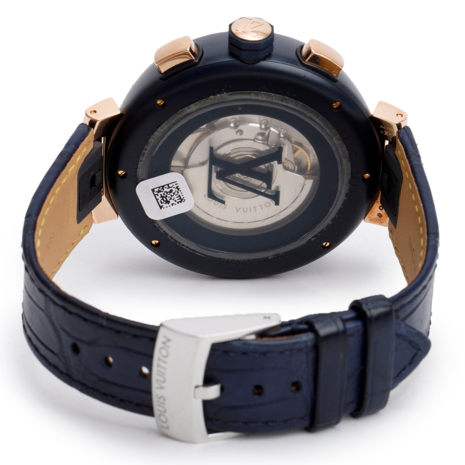 Louis Vuitton Rose Gold Plated Stainless Steel & Blue PVD Tambour 46 MM Automatic Chronograph Watch Damier Cobalt V Dial QA090 w/ Box