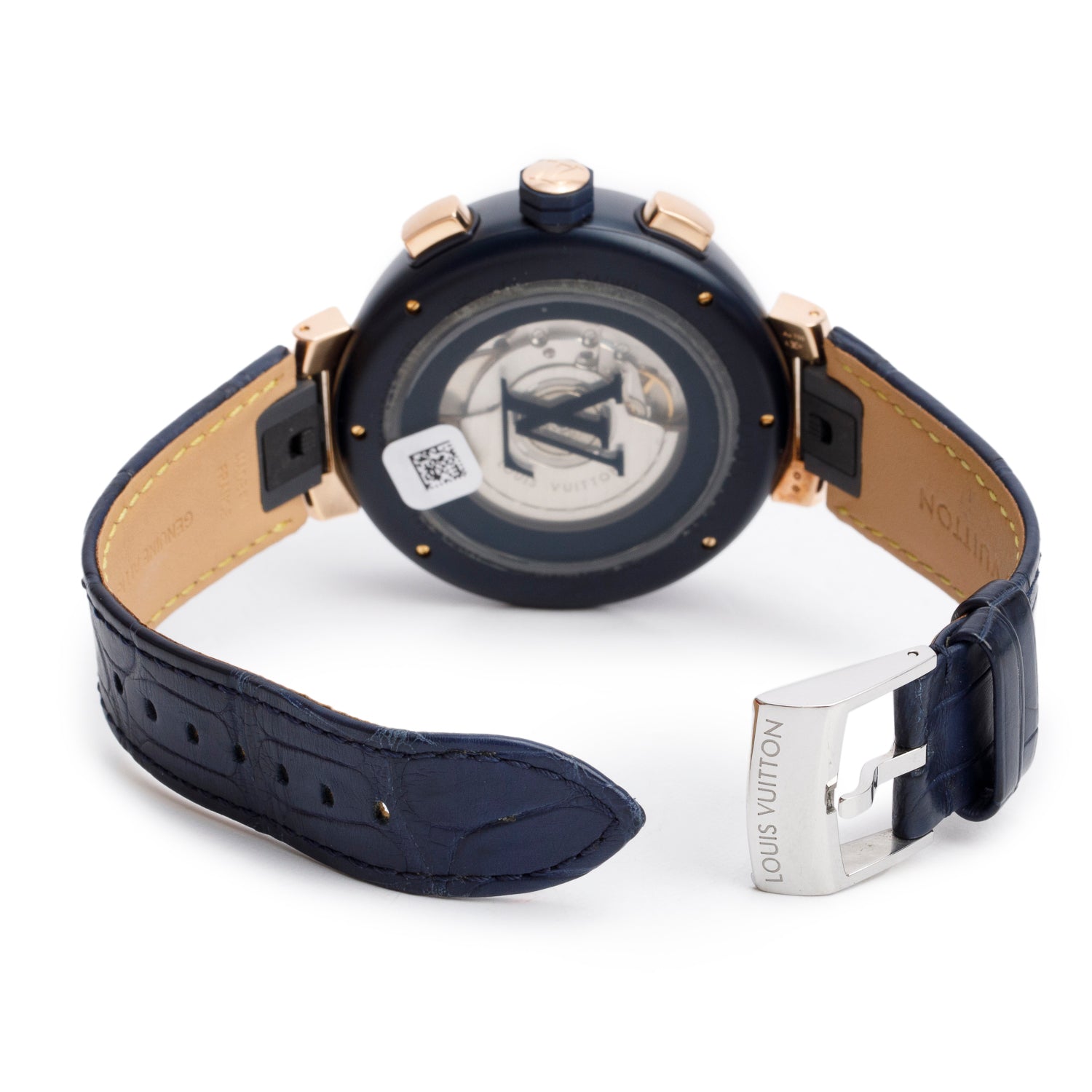 Louis Vuitton Rose Gold Plated Stainless Steel & Blue PVD Tambour 46 MM Automatic Chronograph Watch Damier Cobalt V Dial QA090 w/ Box