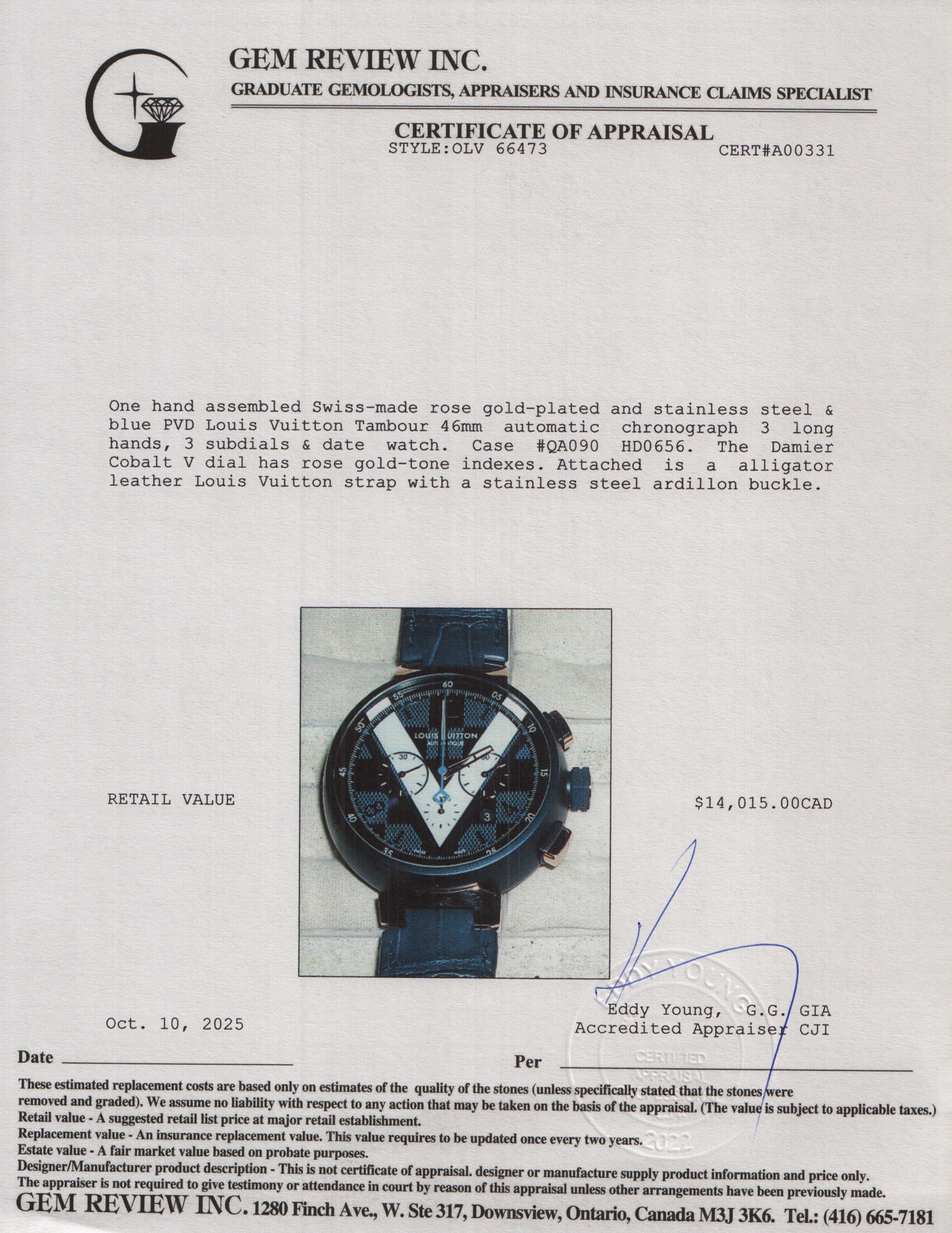 Louis Vuitton Rose Gold Plated Stainless Steel & Blue PVD Tambour 46 MM Automatic Chronograph Watch Damier Cobalt V Dial QA090 w/ Box