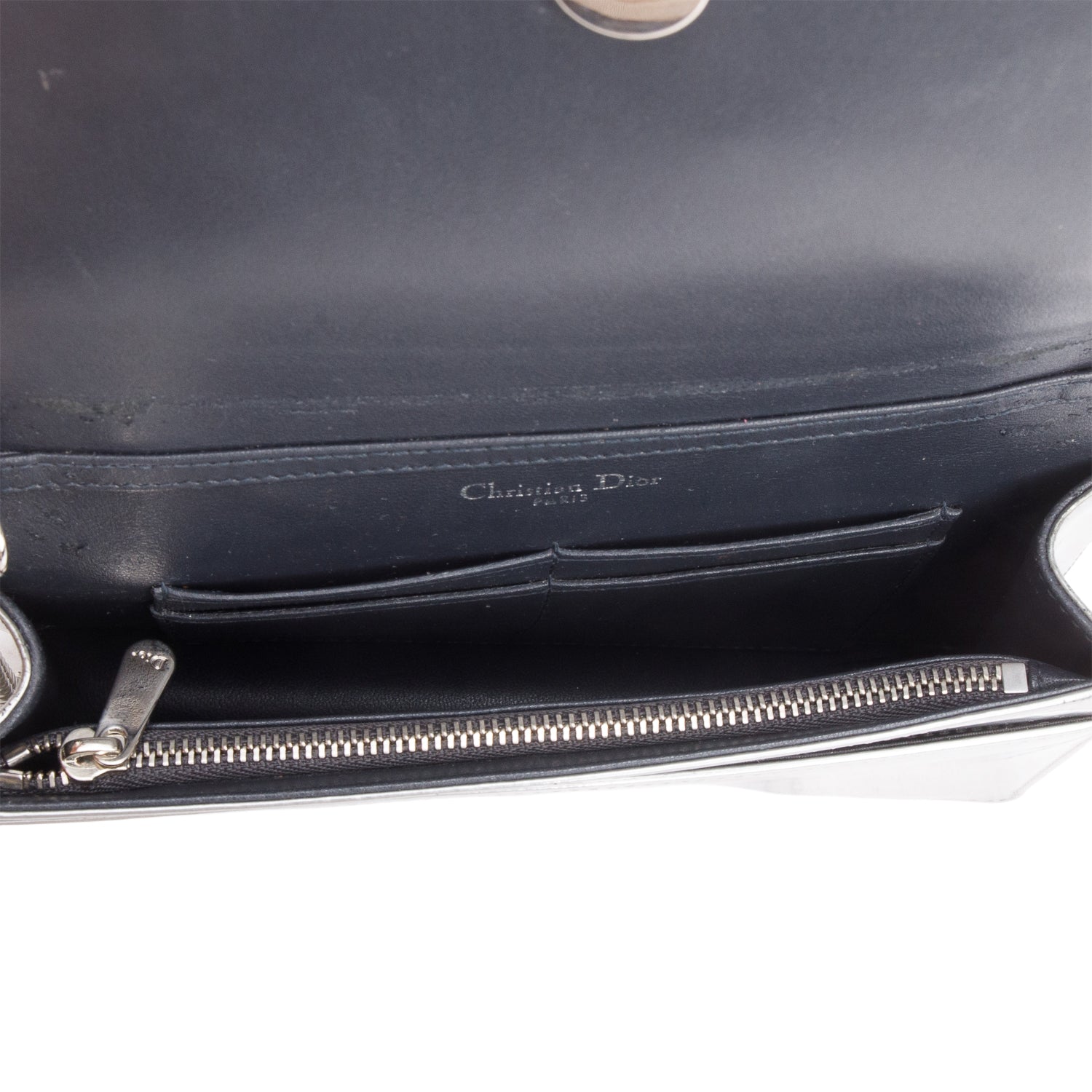 Christian Dior Silver Metallic Patent Calfskin Micro-Cannage Diorama Wallet on Chain