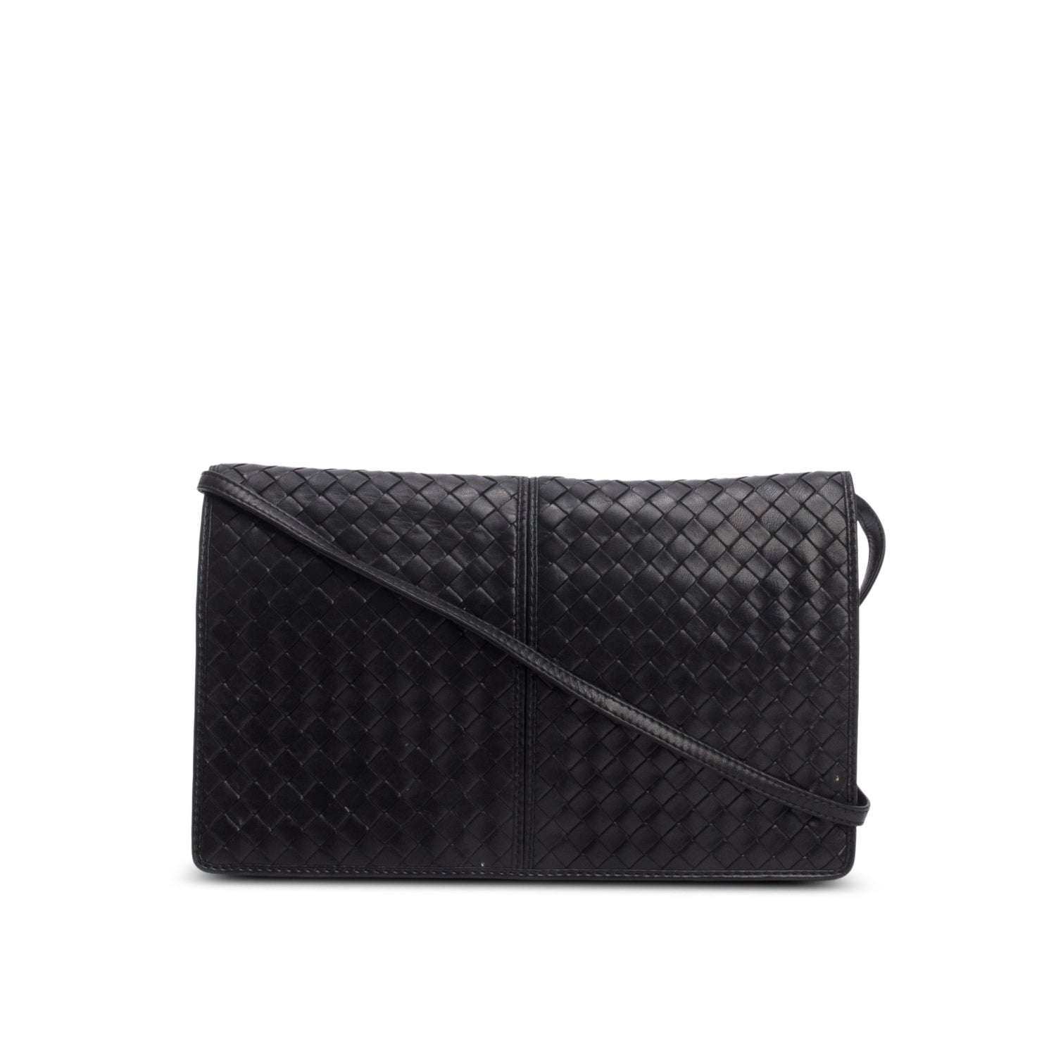 Bottega Veneta Vintage Black Intrecciato Leather Clutch w/ Strap
