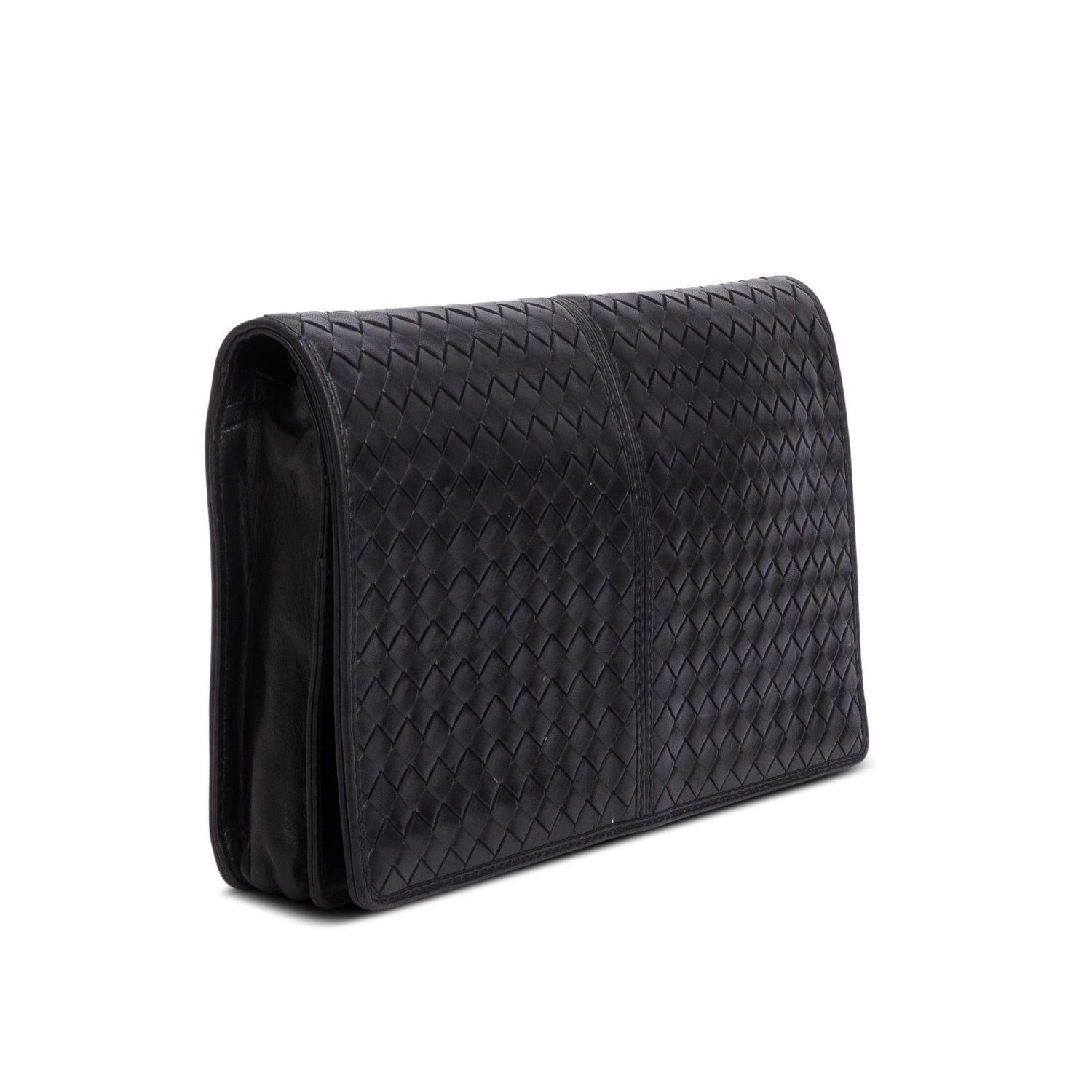 Bottega Veneta Vintage Black Intrecciato Leather Clutch w/ Strap