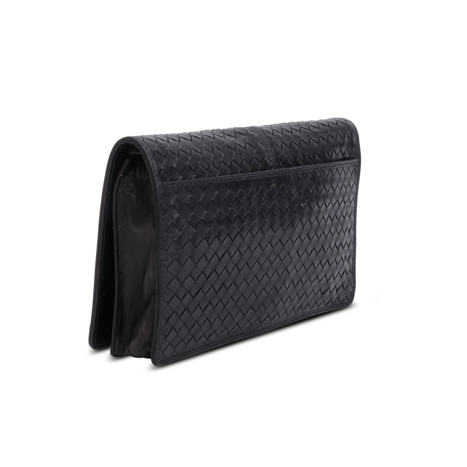 Bottega Veneta Vintage Black Intrecciato Leather Clutch w/ Strap