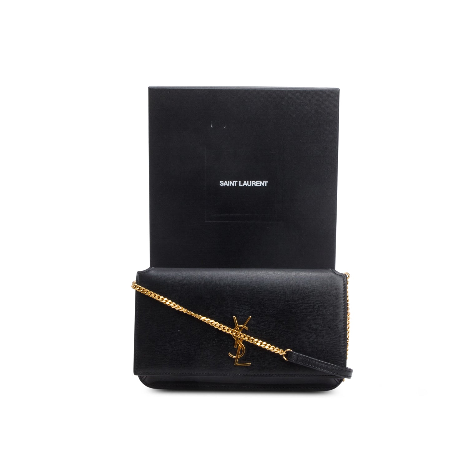 Saint Laurent 2022 Black Calfskin Leather Cassandre Phone Holder w/ Box