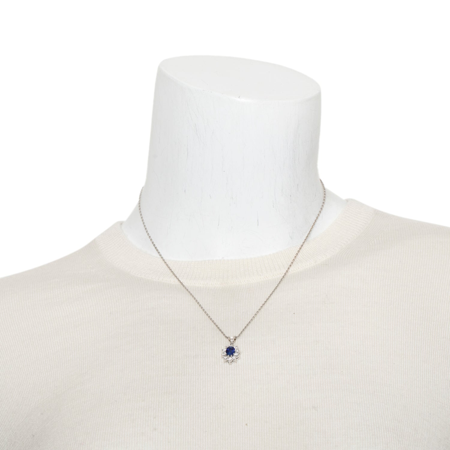 14k White Gold Blue Sapphire and Diamond Pendant Necklace