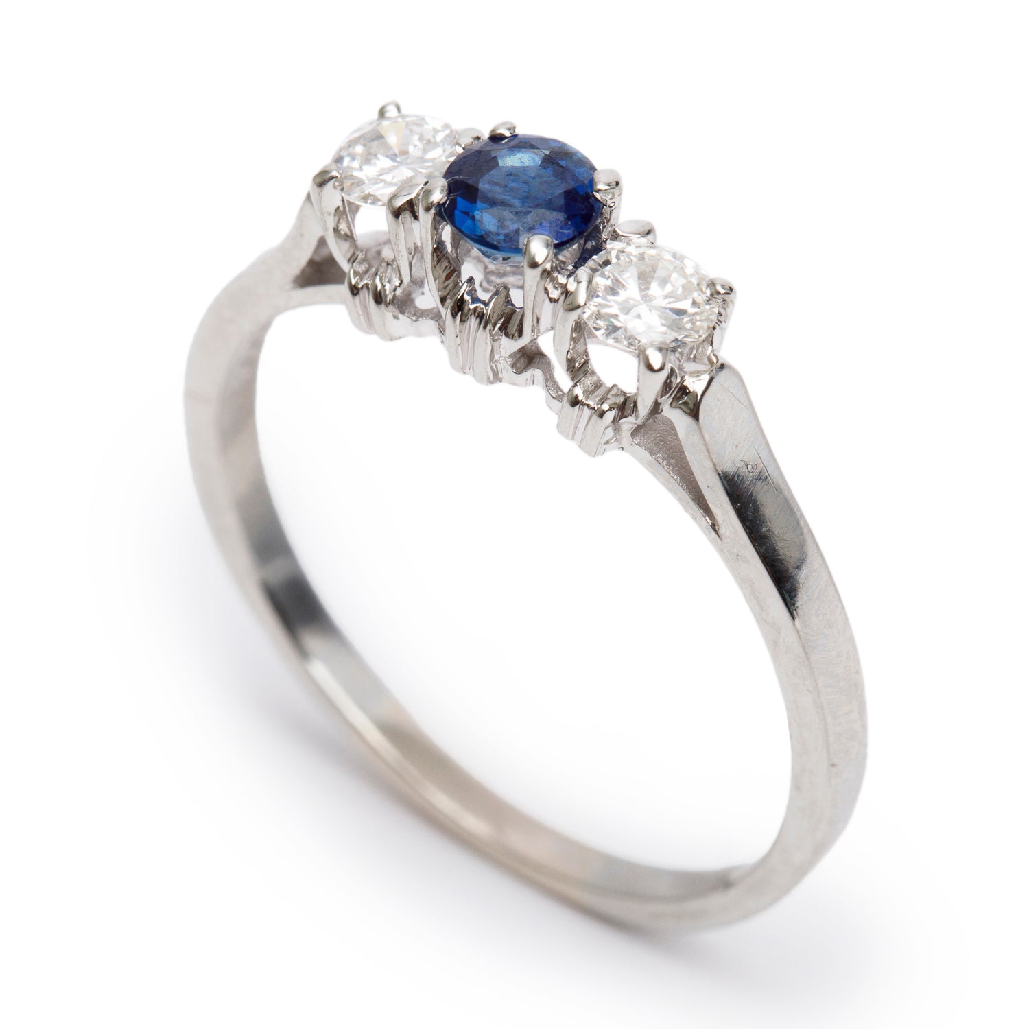 14k White Gold Sapphire & Diamond Three-Stone Ring, Size 9.5