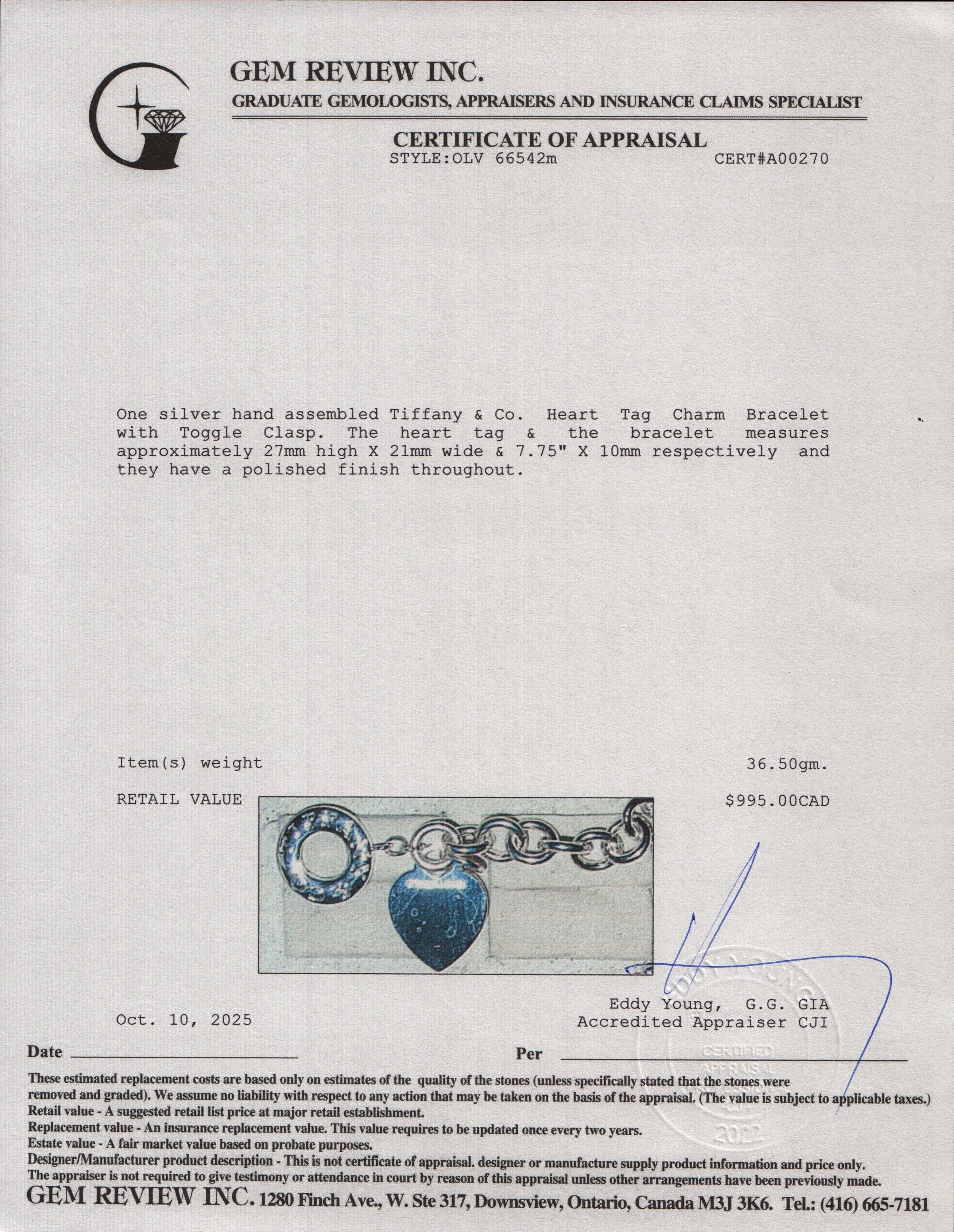 Tiffany & Co. Sterling Silver Heart Tag Charm Bracelet with Toggle Clasp
