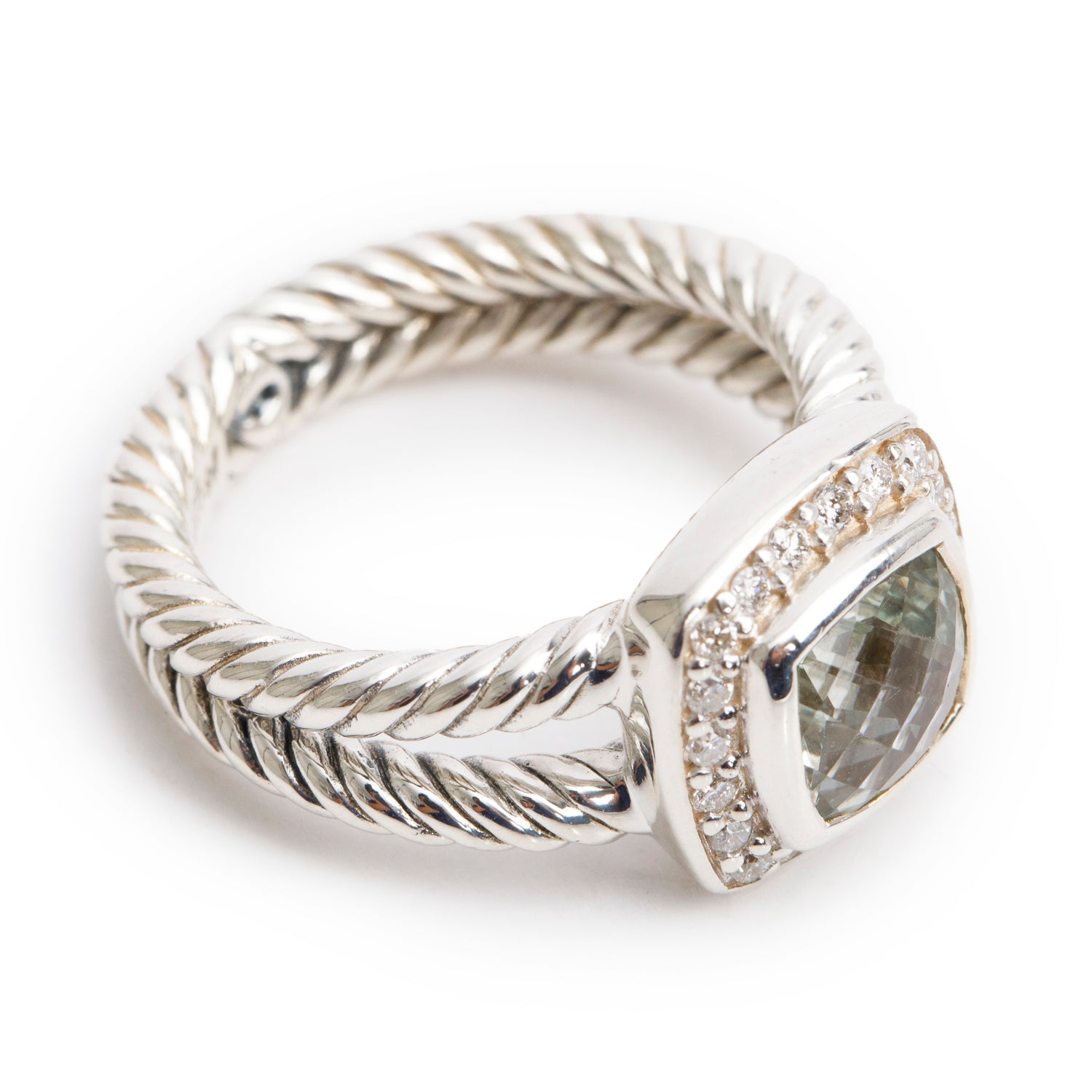 David Yurman Sterling Silver Petite Albion Ring with Prasiolite & Diamonds, Size 5.25