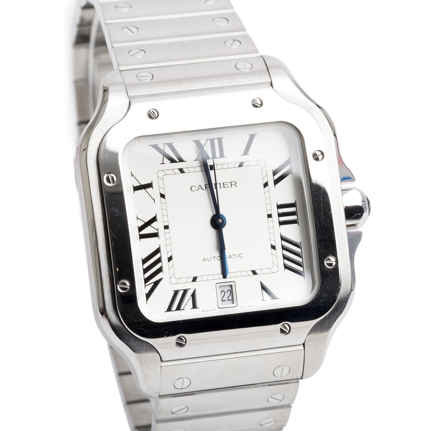Cartier 2022 Stainless Steel Santos de Cartier Automatic Watch, Large Model Silver Dial 4072 w/ Box, Papers & Extra Strap