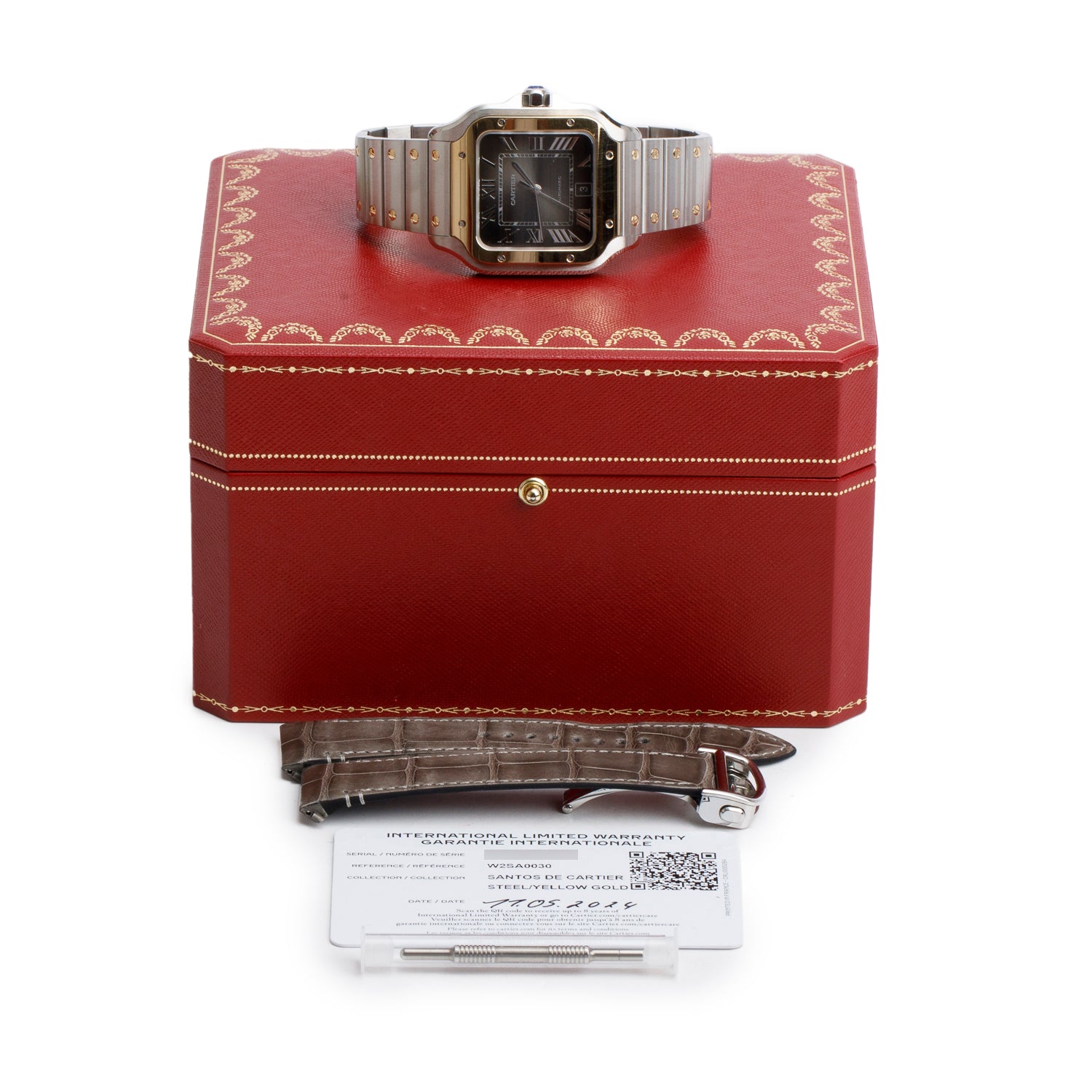 Cartier 2024 Stainless Steel & 18k Yellow Gold Santos de Cartier Automatic Watch, Large Model Anthracite Grey Dial 4072 w/ Box, Papers & Extra Strap