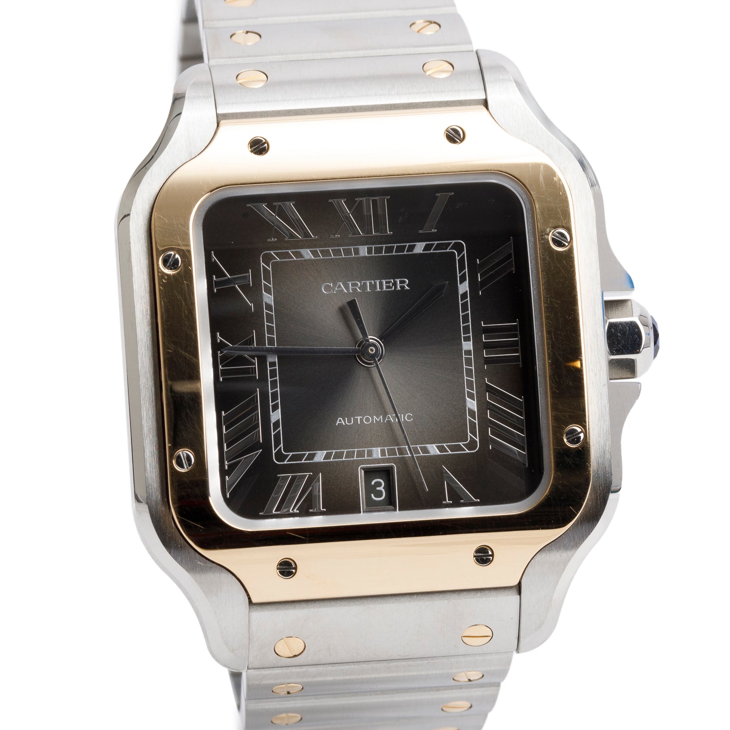 Cartier 2024 Stainless Steel & 18k Yellow Gold Santos de Cartier Automatic Watch, Large Model Anthracite Grey Dial 4072 w/ Box, Papers & Extra Strap