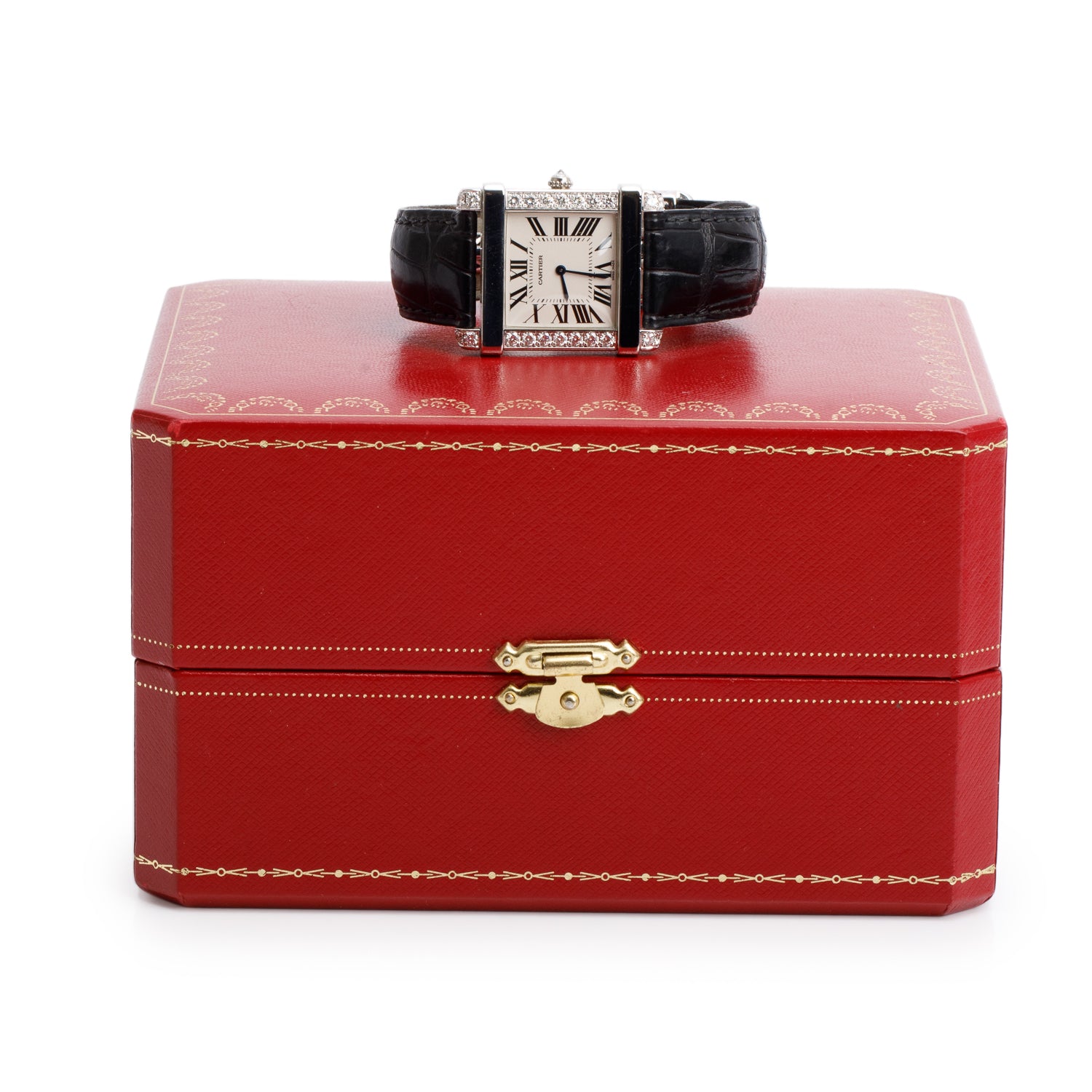 Cartier Platinum Diamond Bezel Tank Chinoise Watch, Large Model White Dial 2685 w/ Box