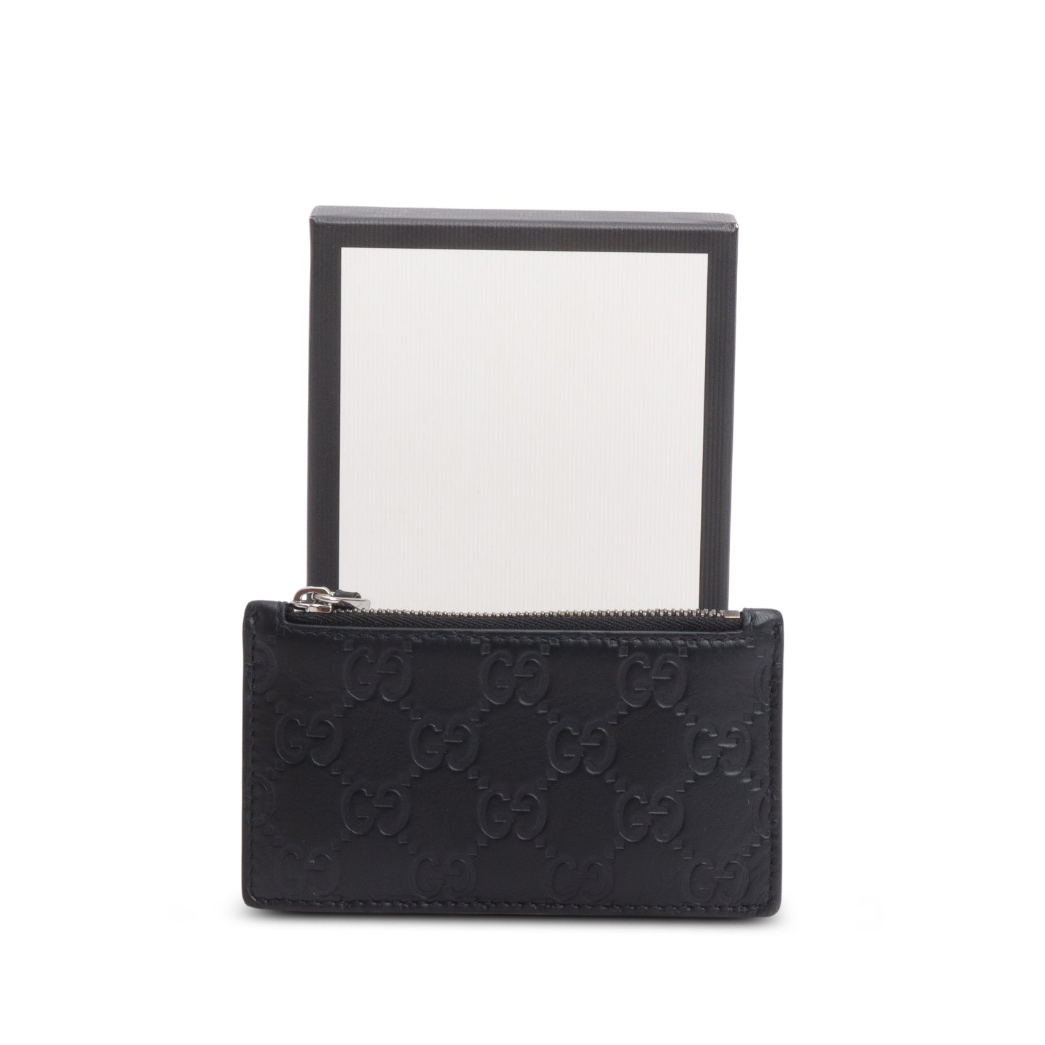 Gucci Black Signature Leather Zip Card Case w/ Box