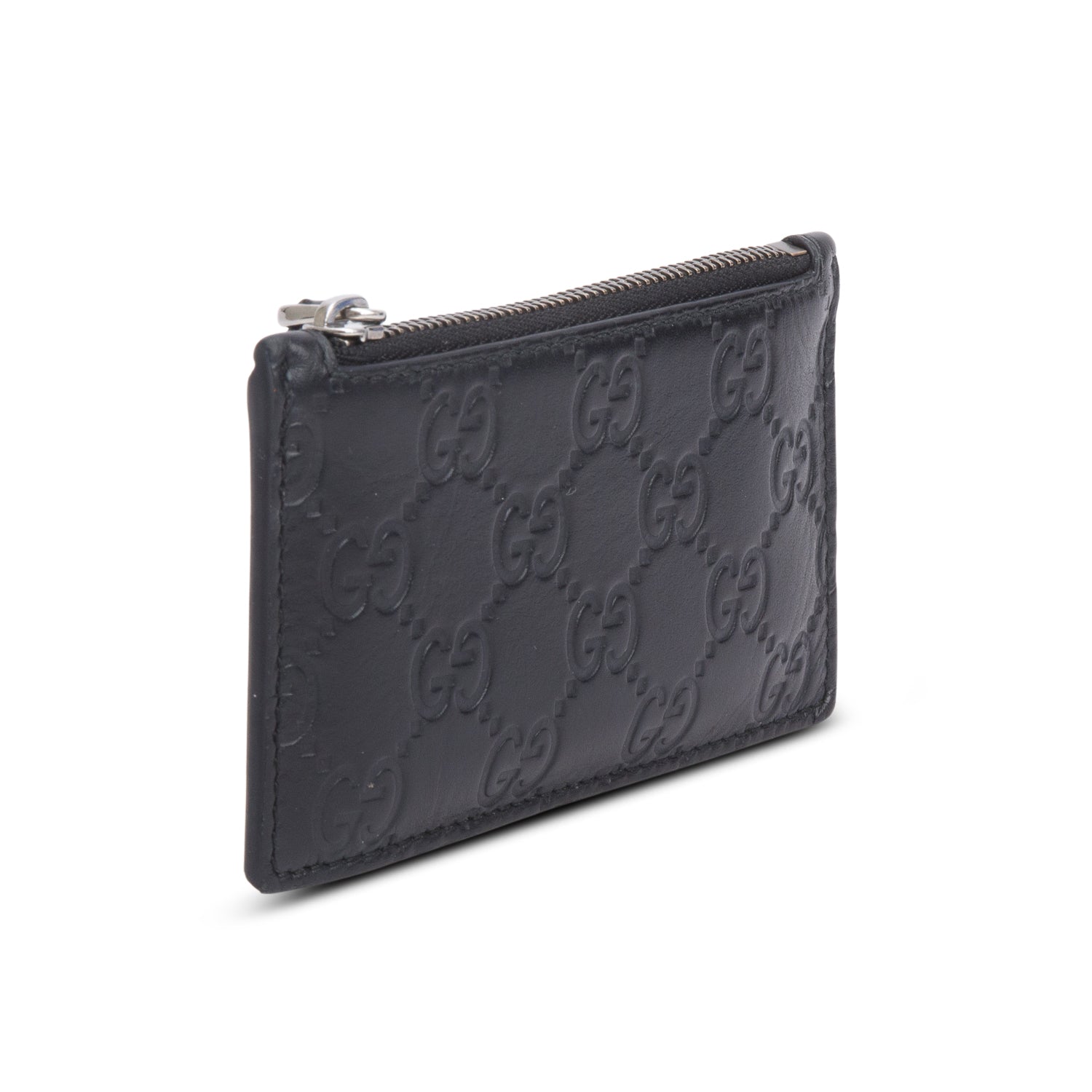 Gucci Black Signature Leather Zip Card Case w/ Box