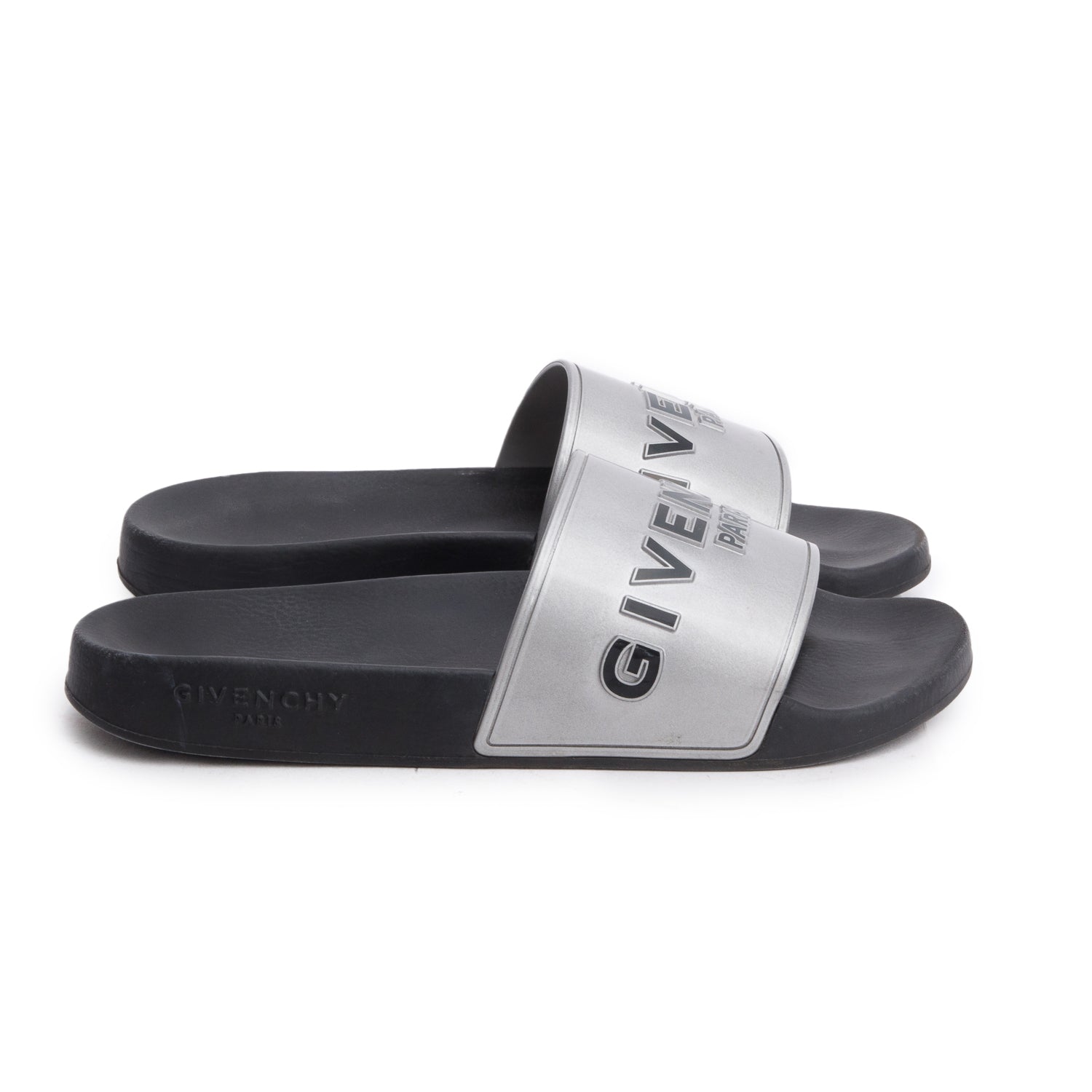Givenchy Black/Silver Rubber  Logo Slides, Size 39