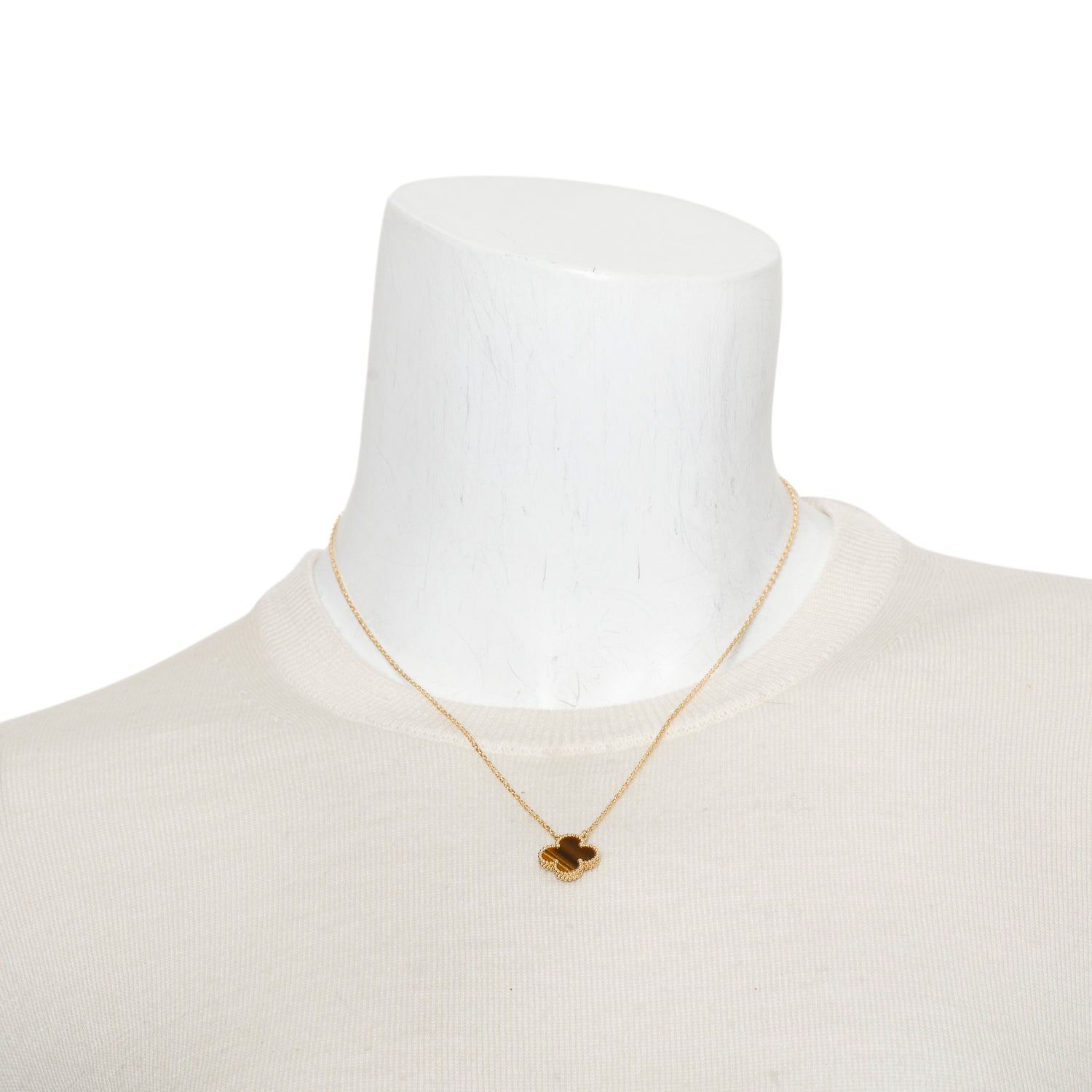 Van Cleef & Arpels 2023 18k Yellow Gold Vintage Alhambra Tiger Eye Pendant Necklace w/ Box, Receipt & Certificate