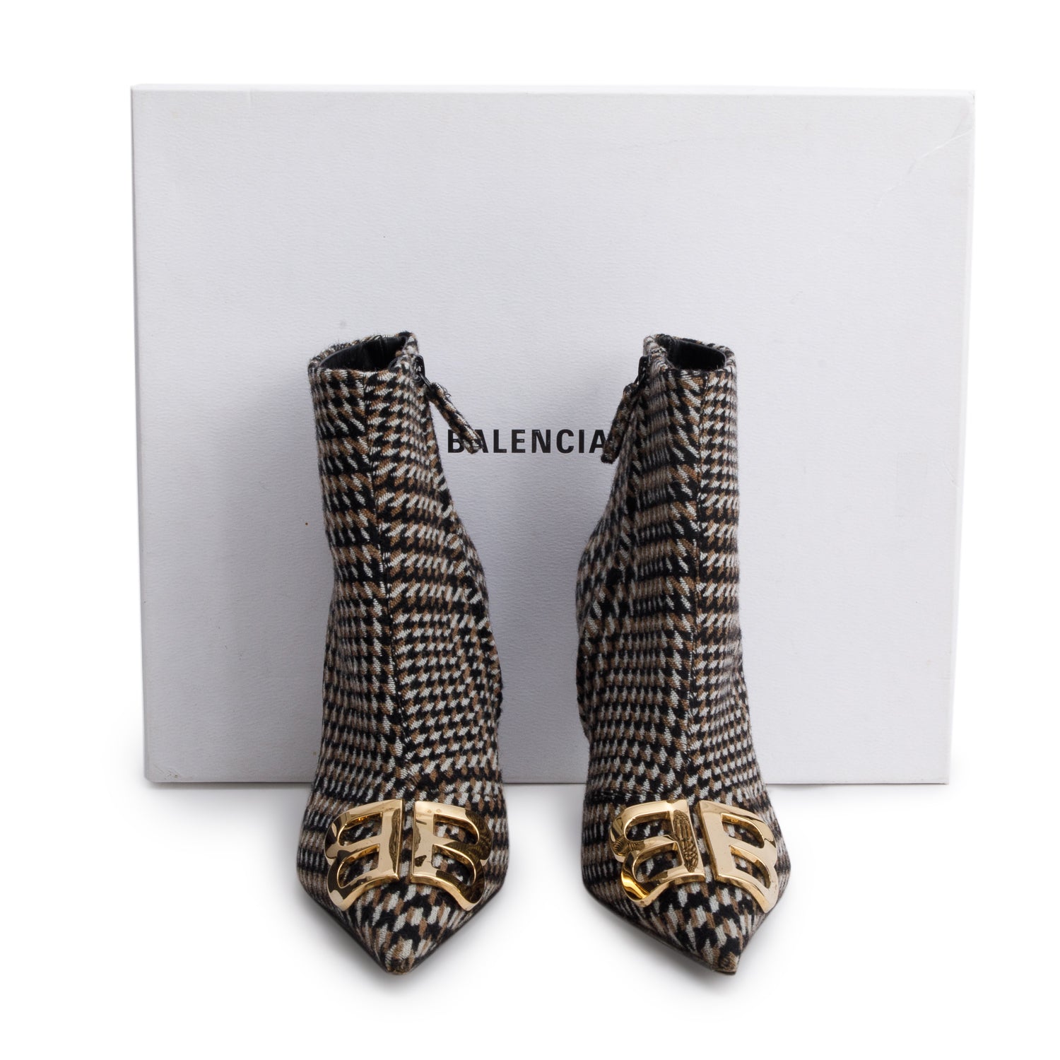 Balenciaga Black/Beige Houndstooth Wool BB Logo Knife Pointy Toe Ankle Boots, Size 37.5 w/ Box